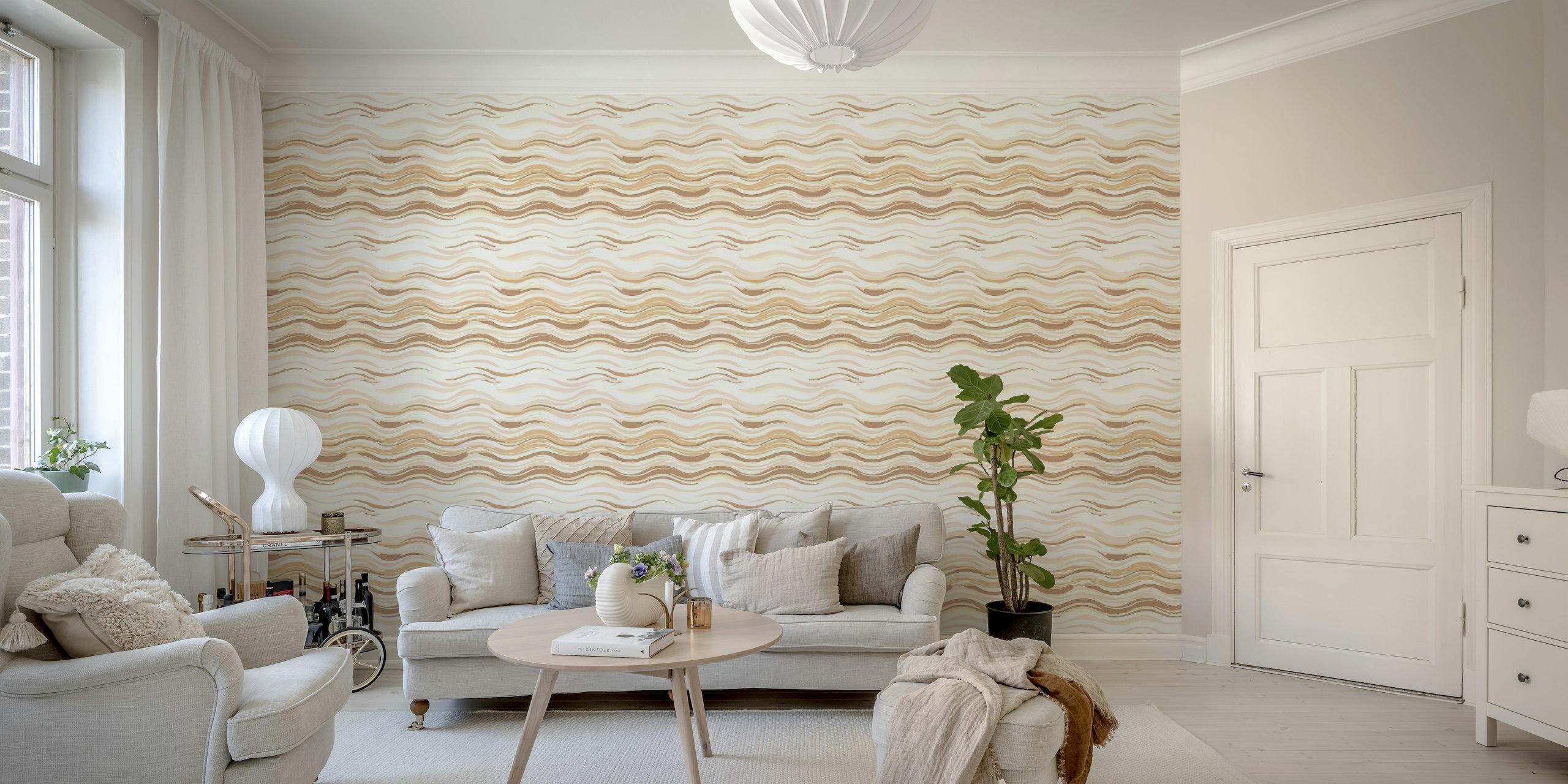 Mural de papel de parede com linhas onduladas em tons terrosos para uma decoração relaxante