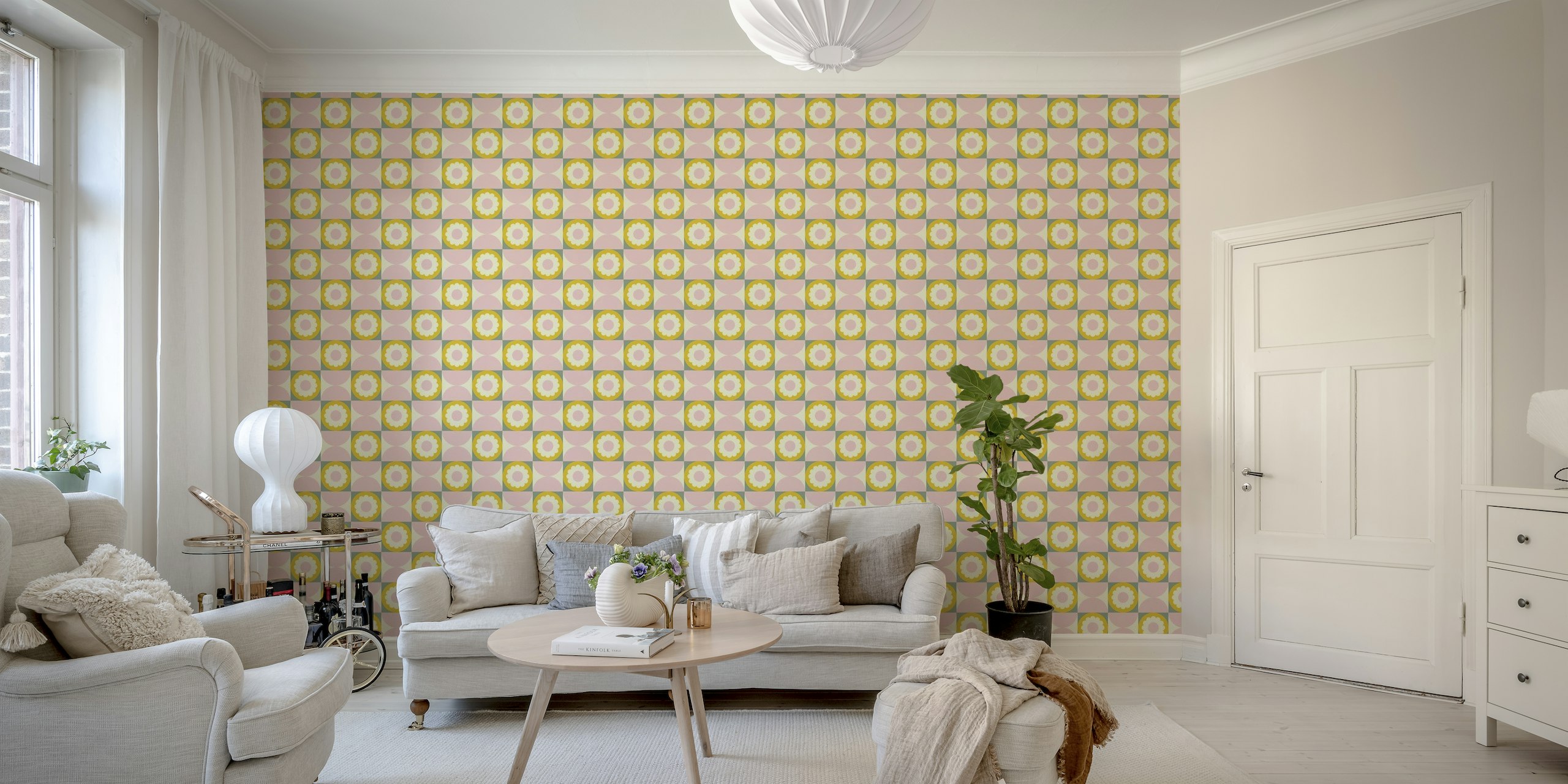 Flower Checkerboard in Pink and Yellow wallpaper
