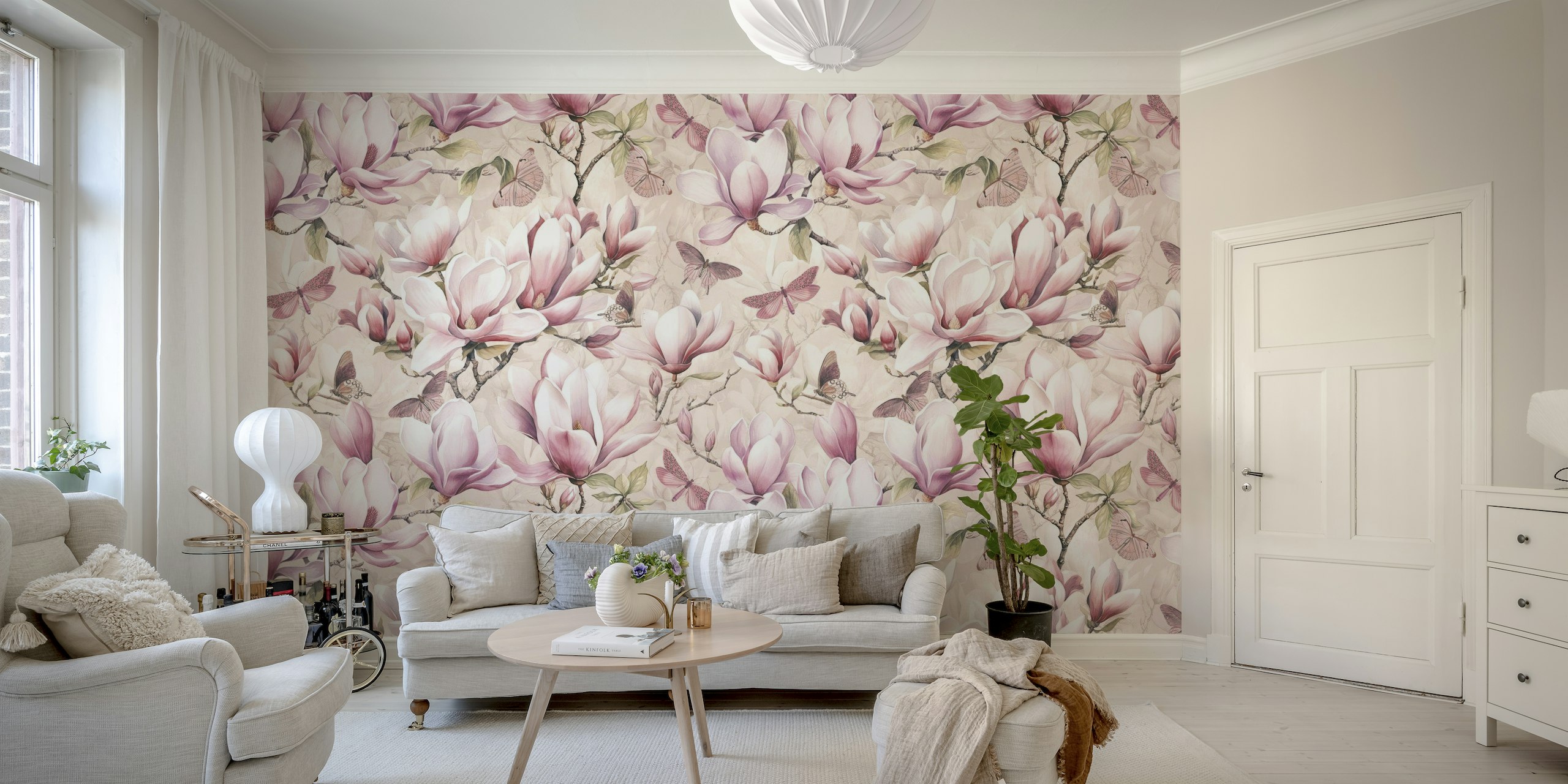 Magnolia And Butterfly Pastel Pink wallpaper
