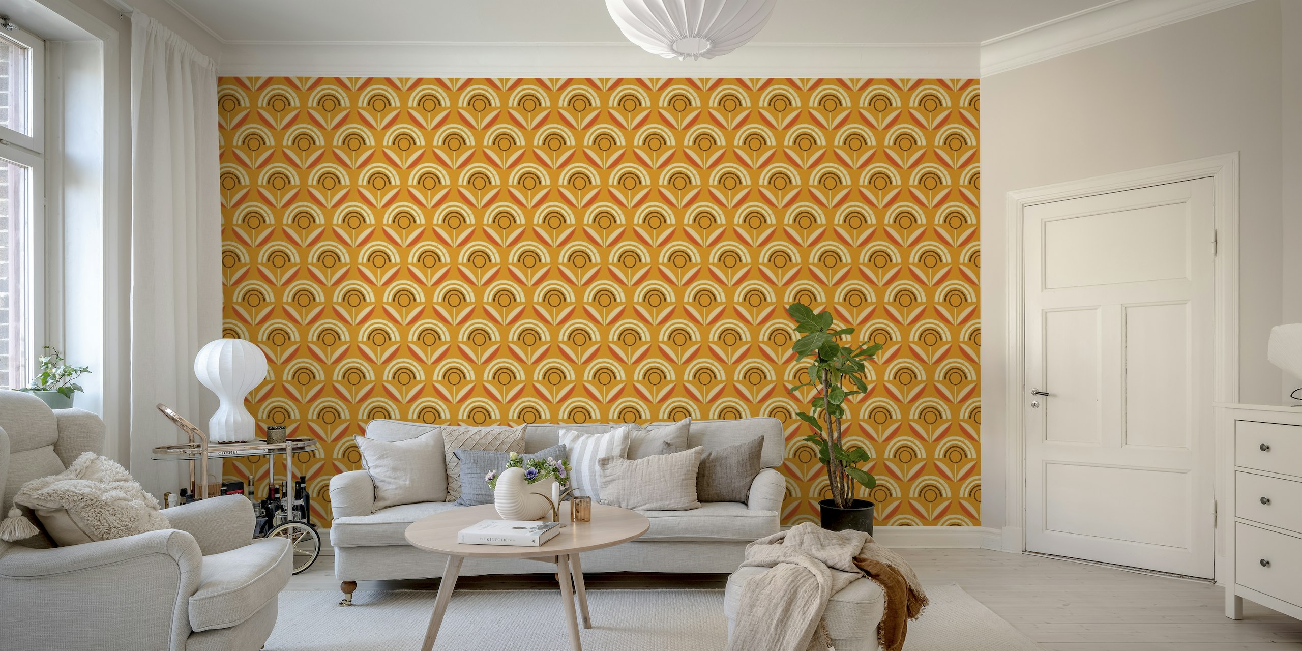 Stylized mid-century sunflower design in marigold and brown tones wall mural