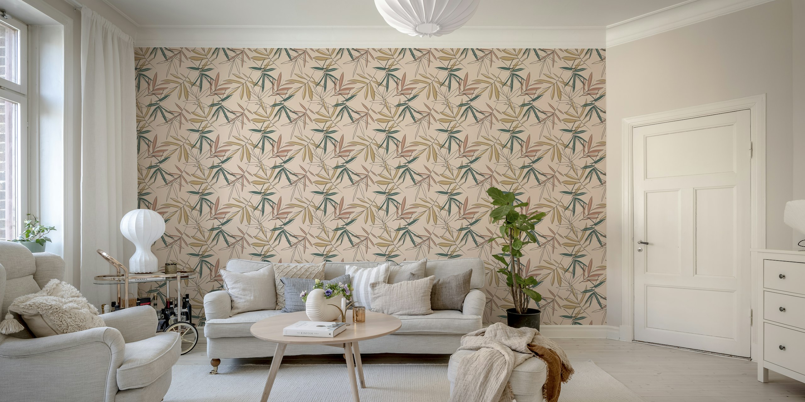Fotomural vinílico de parede vintage Palms com elegantes folhas de palmeira em cores suaves