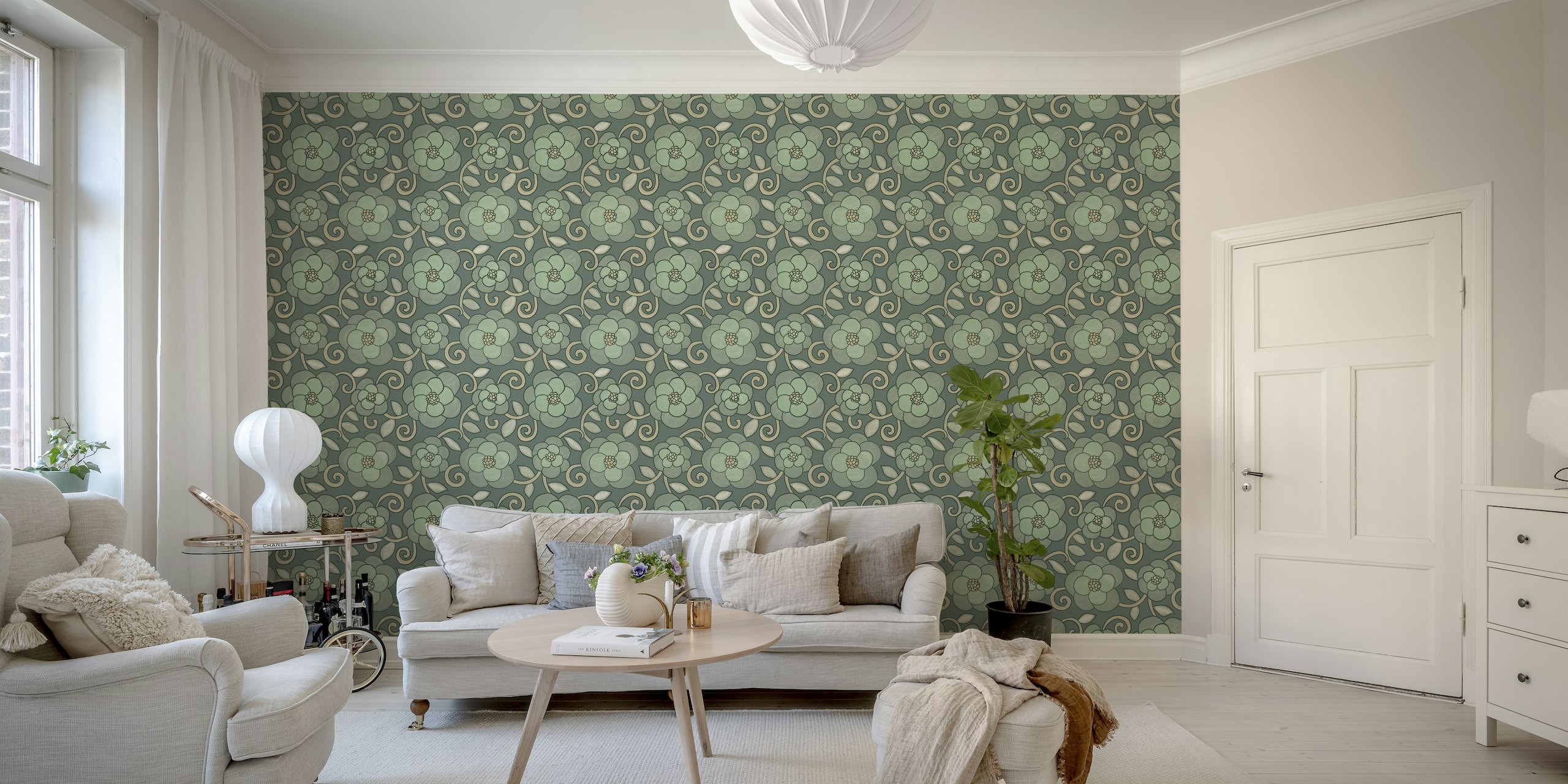 Ornamental Romance in Soft Green Shades wallpaper
