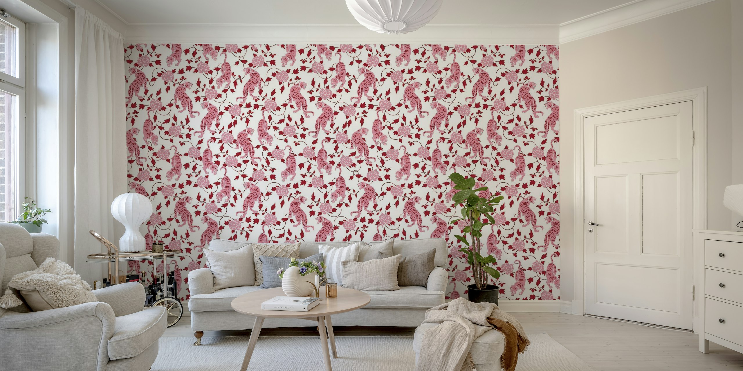 Tigers and Florals White Pink Chinoiserie tapety