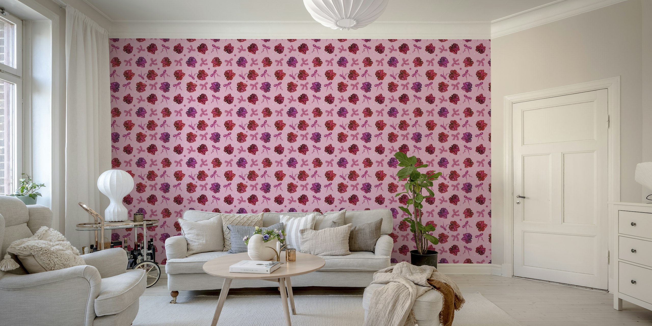 Pink roses and bow ties pattern papel de parede