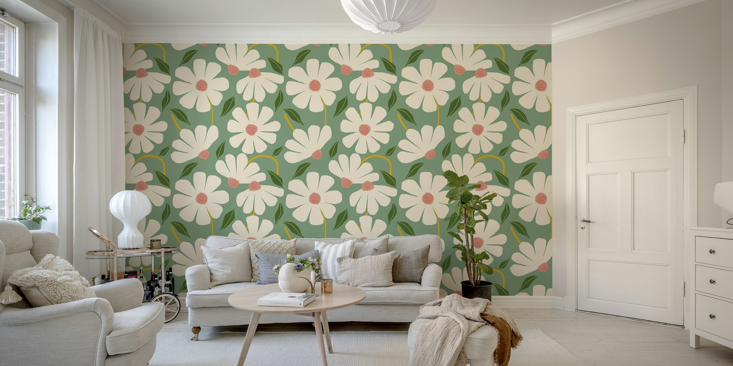 Wild Daisies pattern - green wallpaper