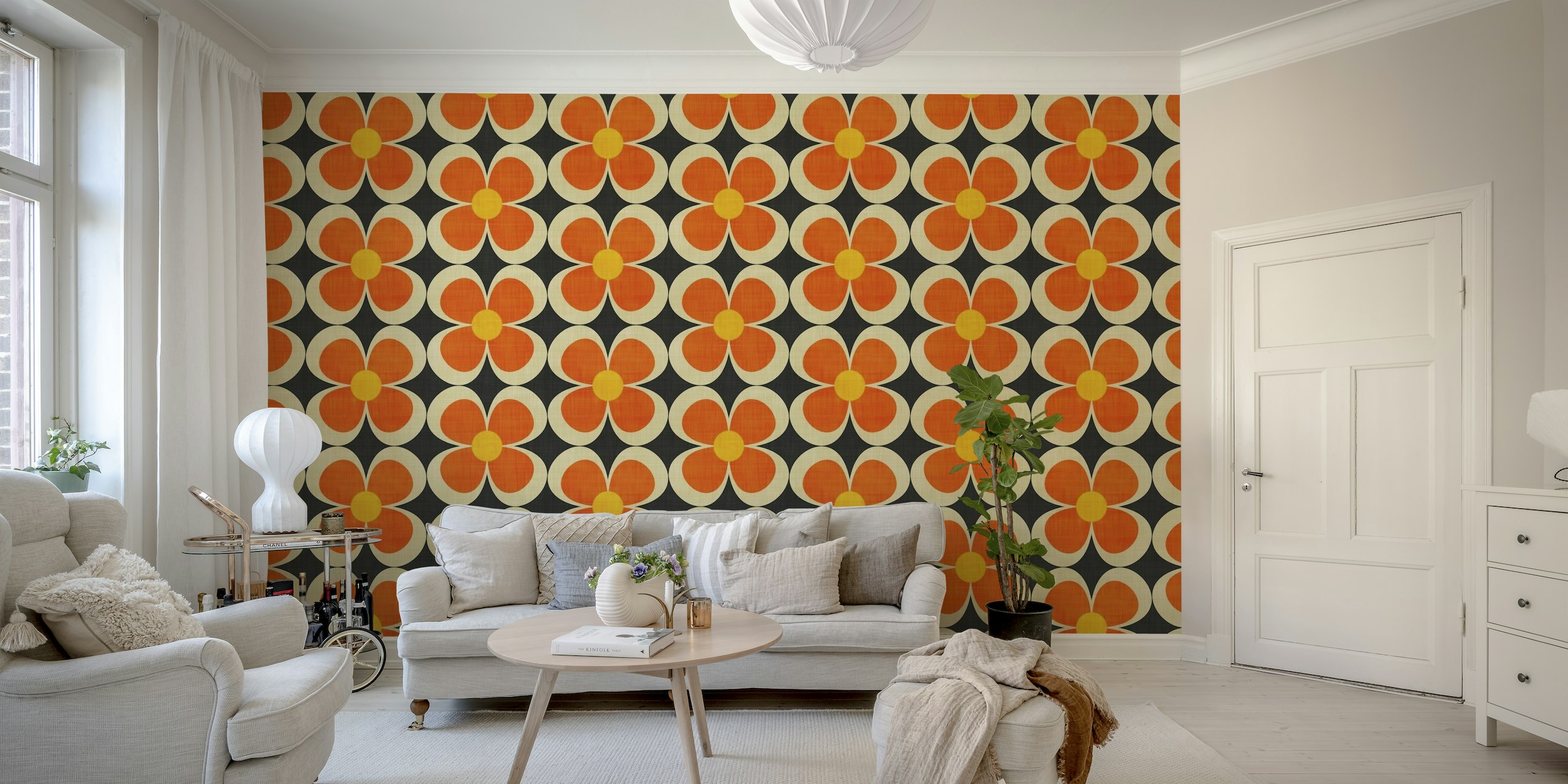 Groovy Geometric Floral Orange on Brown papel de parede