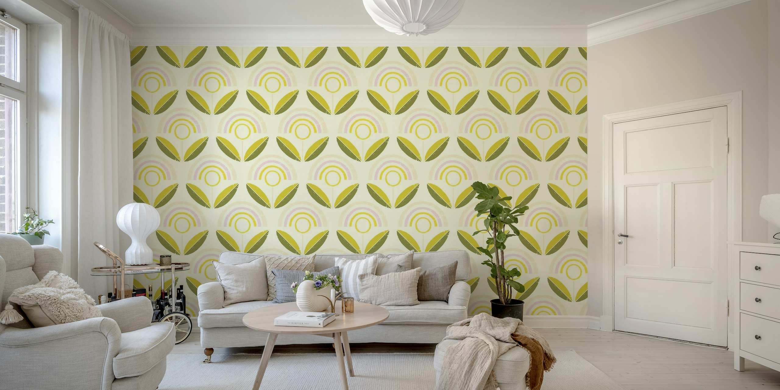 Retro lime and blush sunflower pattern wall mural on a cream background