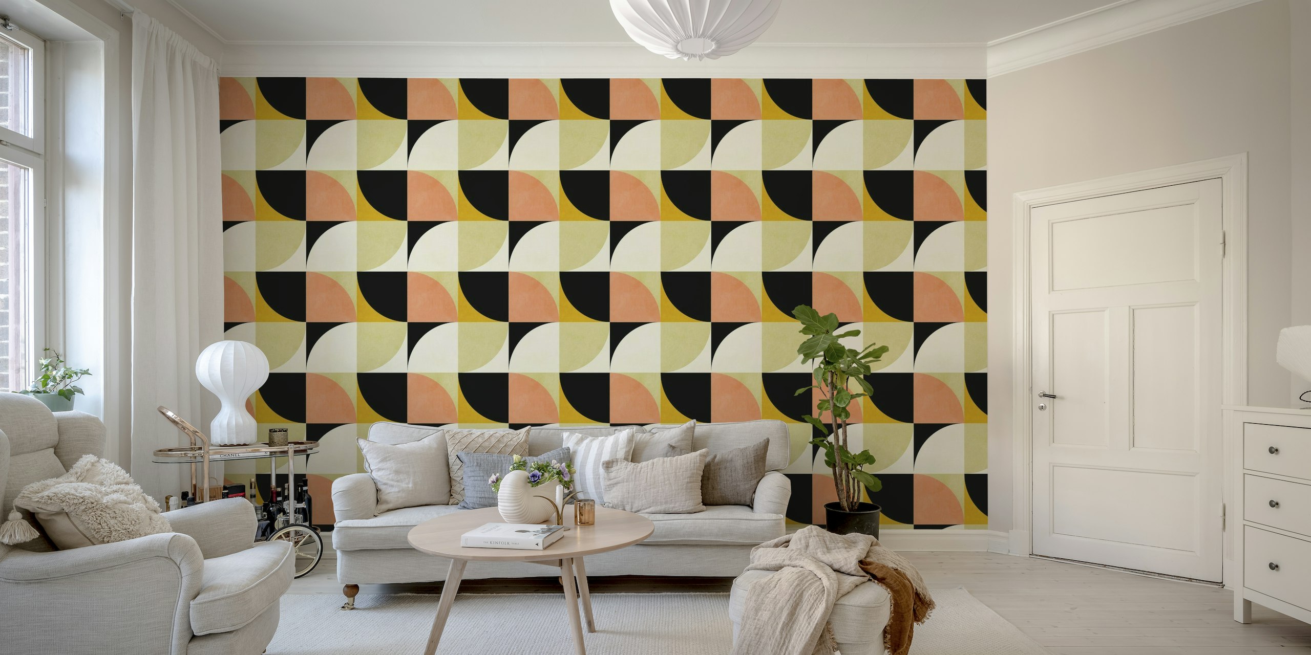 Mid-Century Bauhaus abstract pattern wall mural in pastel shades