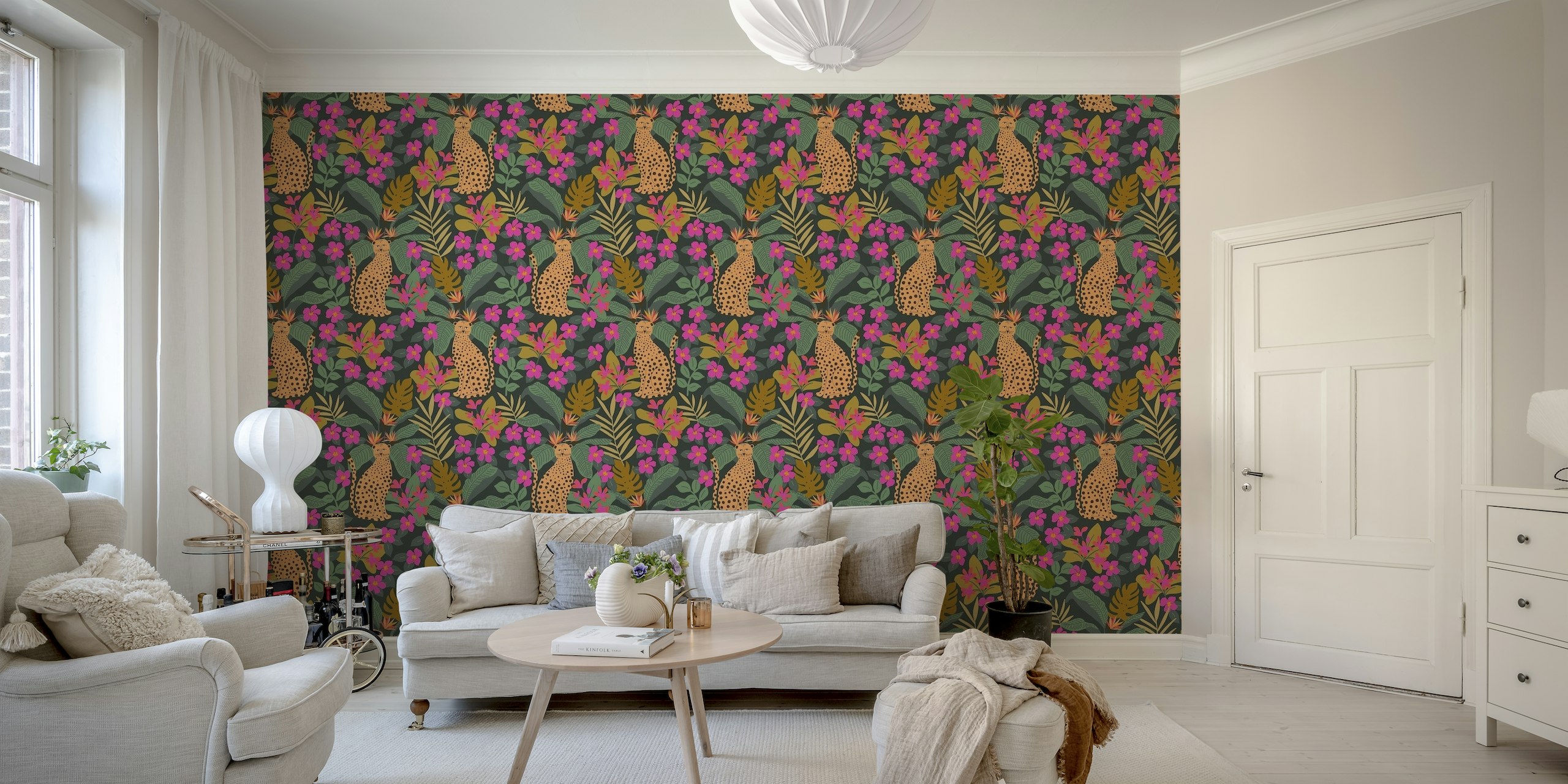 Hot Pink Jungle wall mural with leopards and tropical flowers
