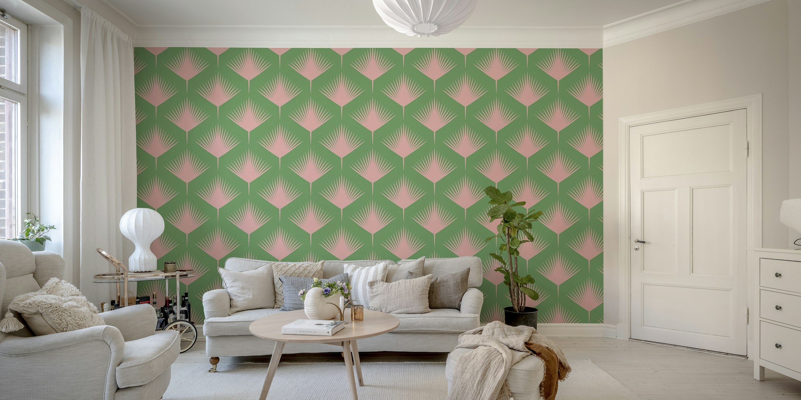 Abstract Modern Palm Leaves in Pink and Green papel de parede