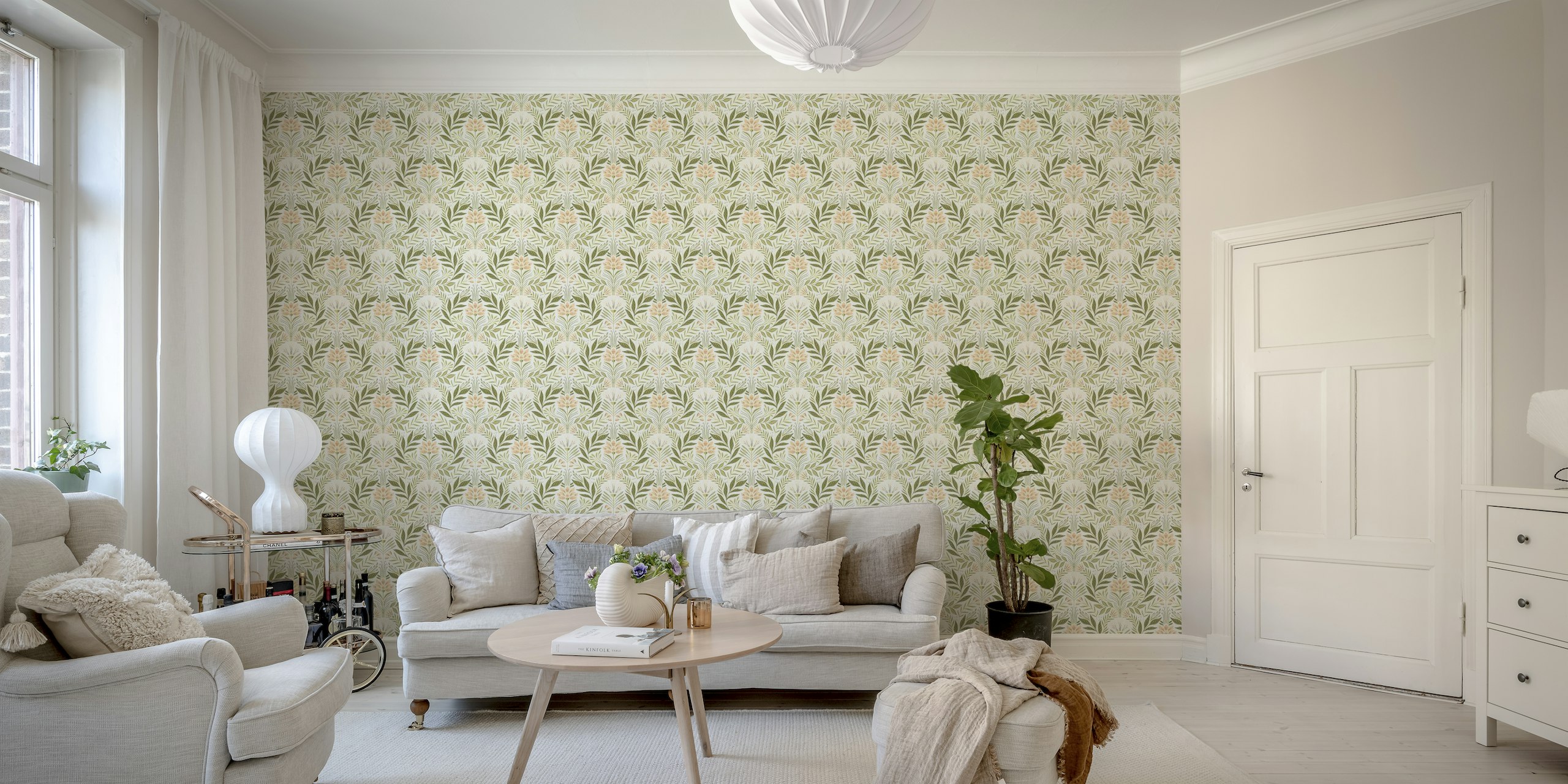 Symmetrinen kasvitieteellisen kuvion seinämaalaus pehmeää vihreää, persikkaa ja norsunluuta