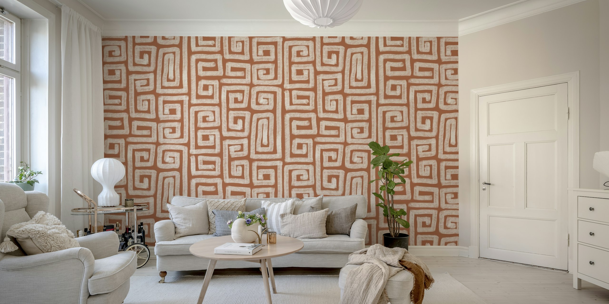 Handmade terracotta line shapes on a neutral background wall mural