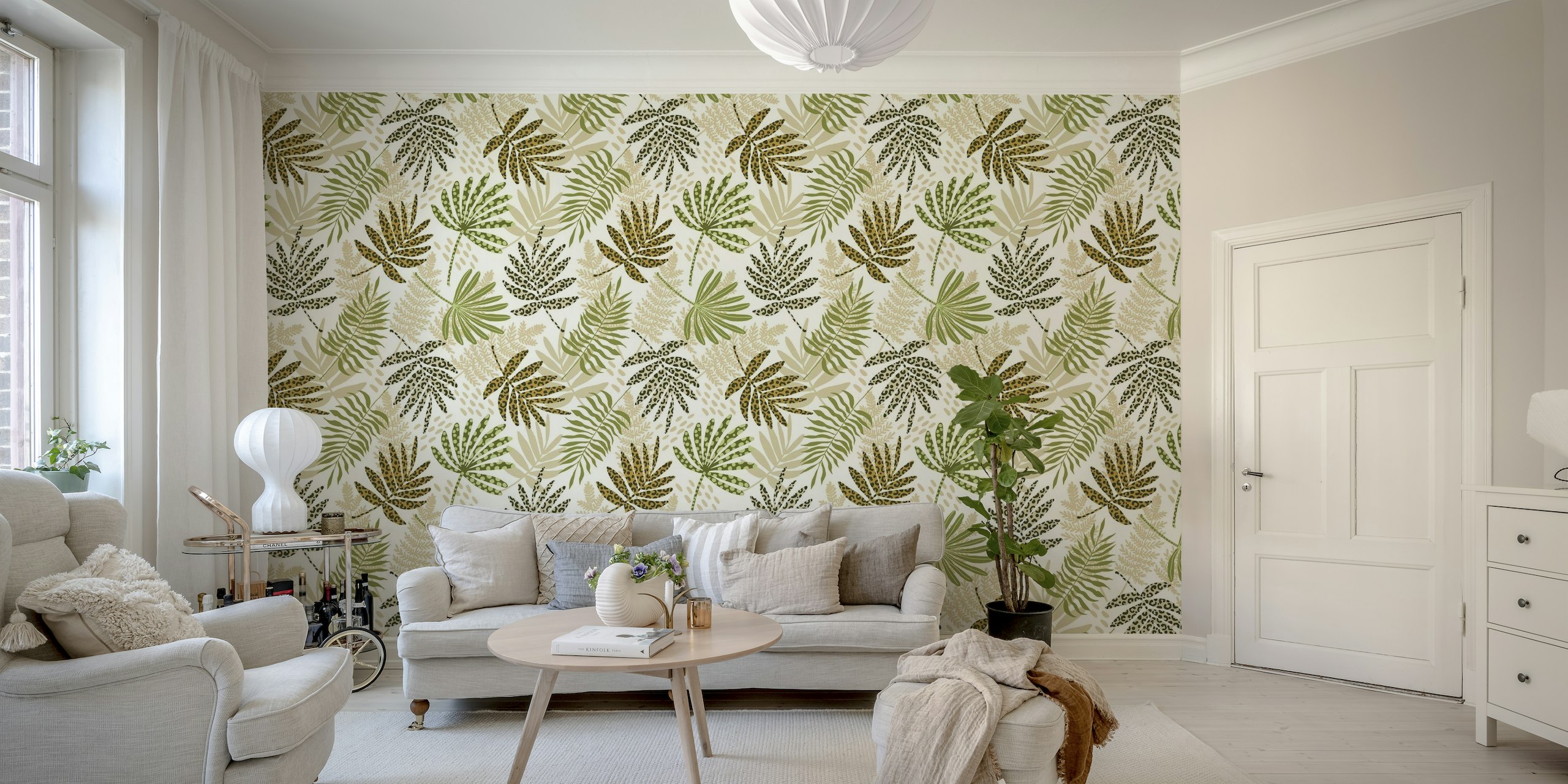 Animal printed tropical leaves wall mural, featuring green foliage with animal patterns