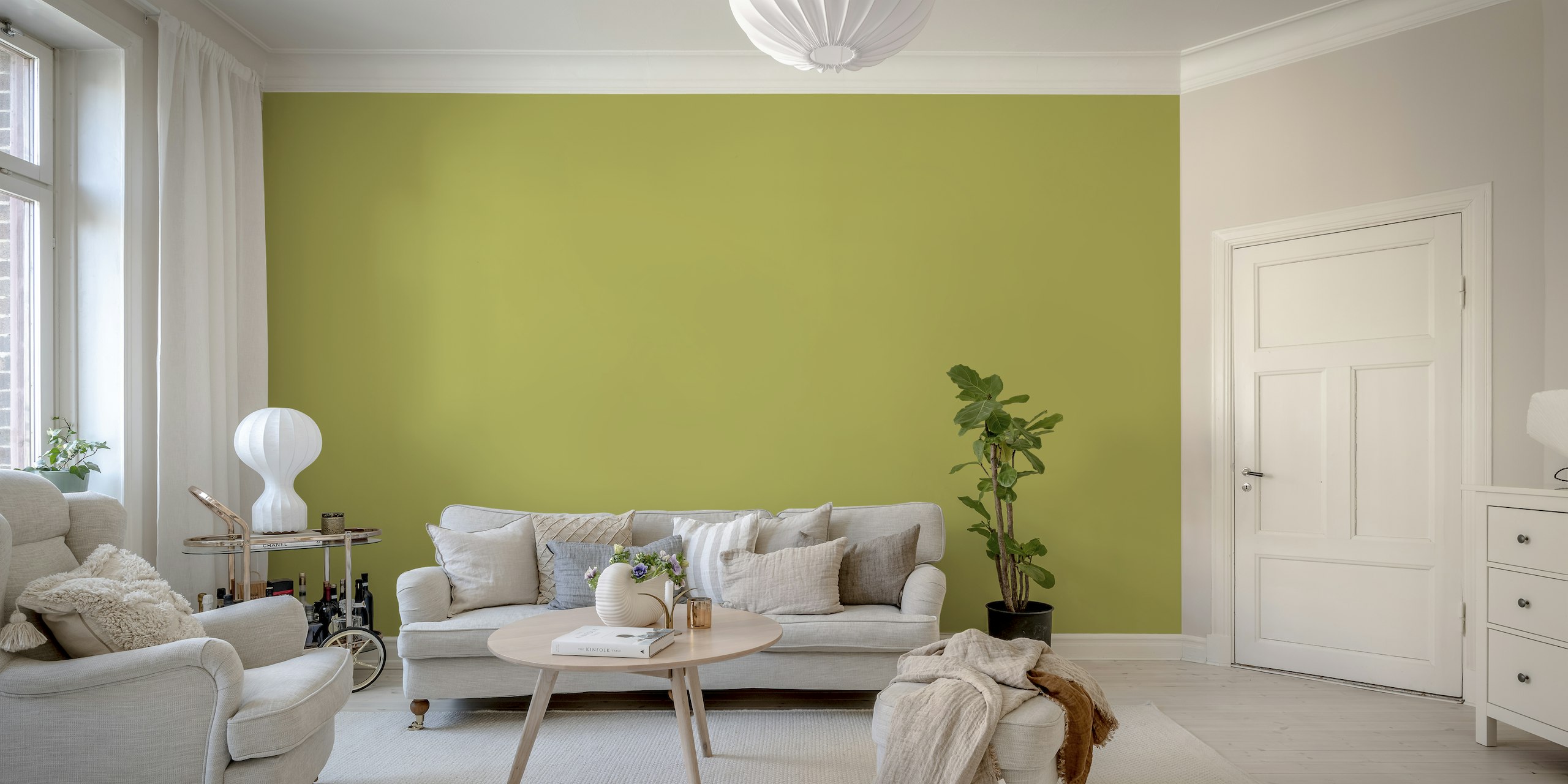 Olijfgroene effen kleur muurschildering die een rustige en verfijnde sfeer uitstraalt.