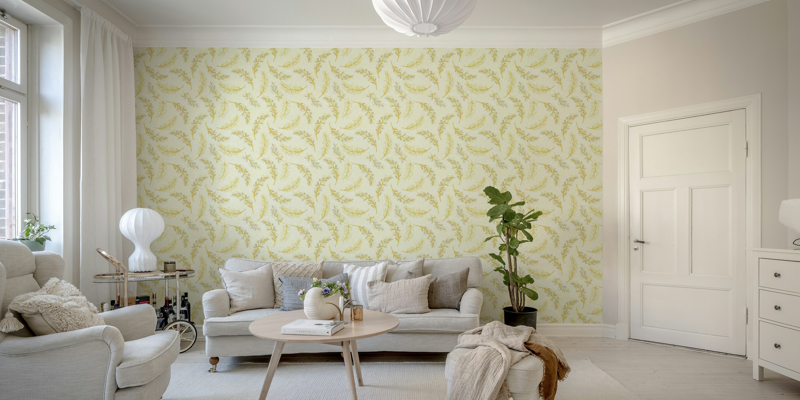 Stylized leaves and floral patterns with golden tones on a dotted background wall mural
