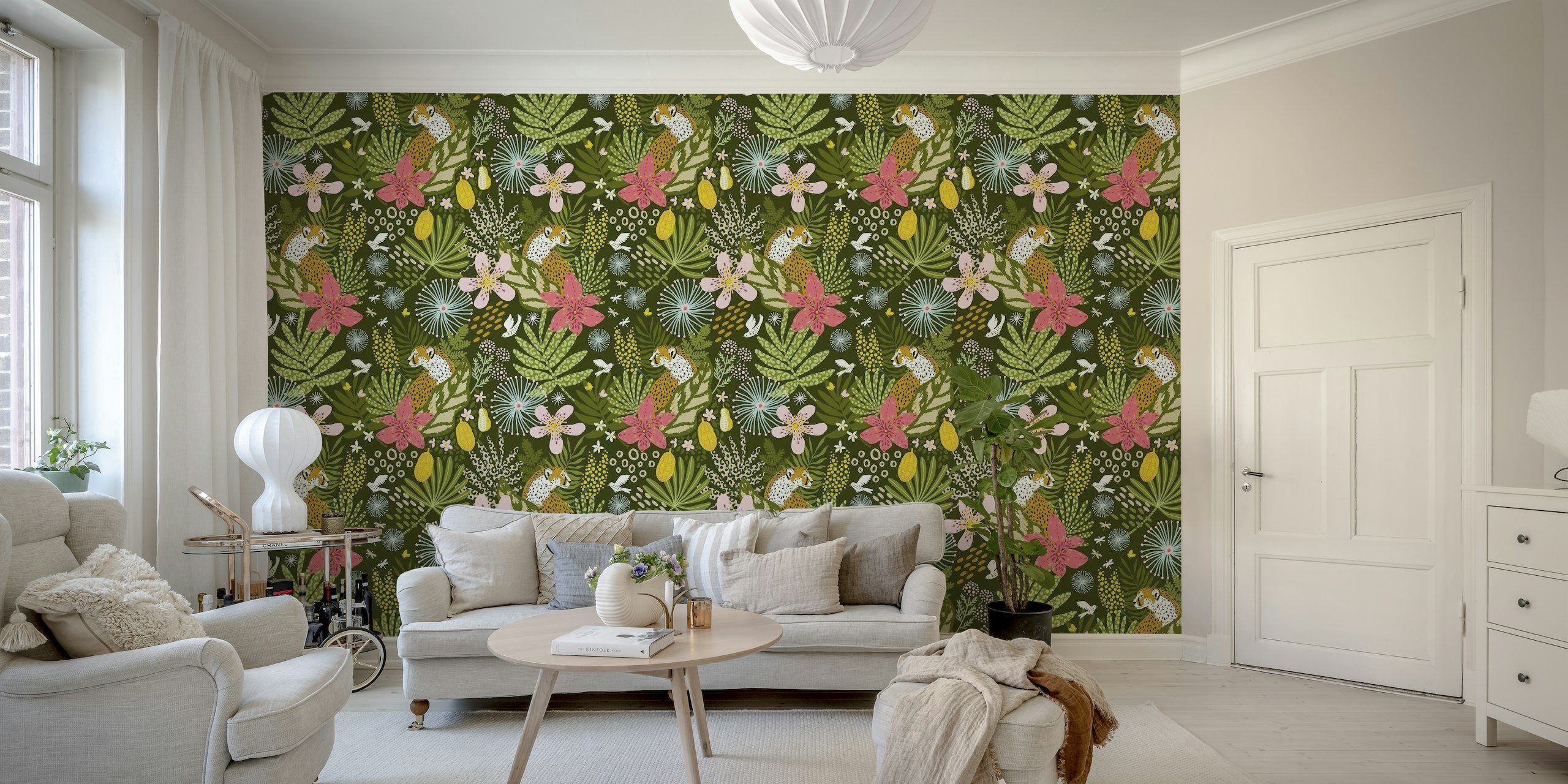 Gepardit ja trooppiset kukat kuviollinen seinämaalaus sisätiloihin