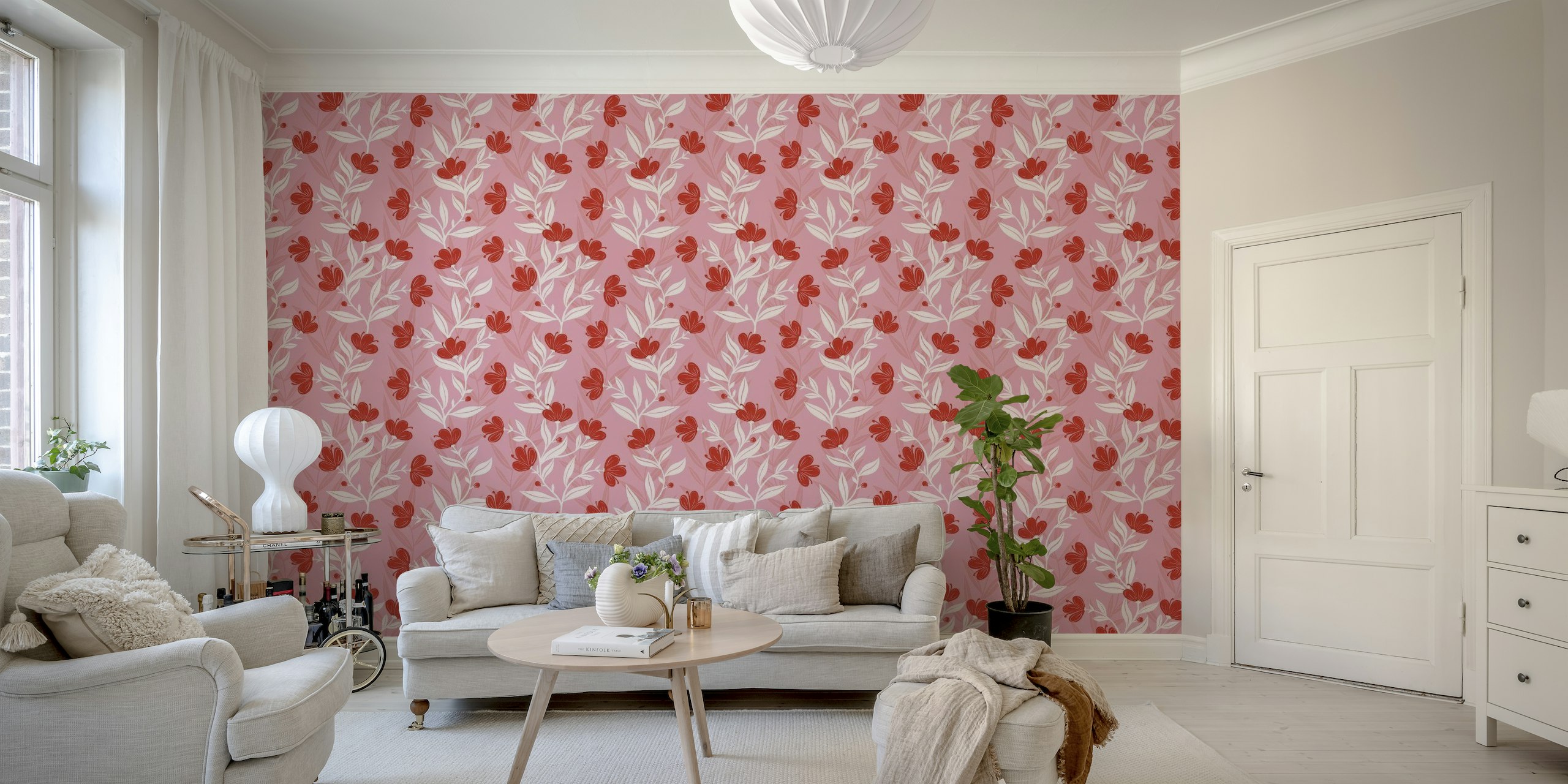 Bright red flowers and ivory leaves on a pink background wall mural