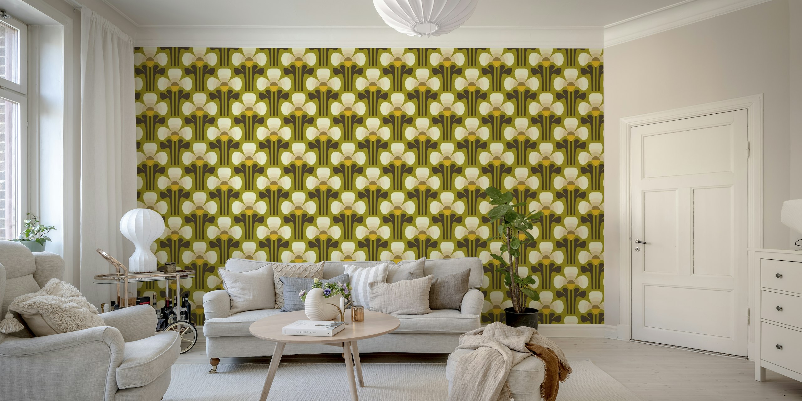 Retro Clovers, Sage wall mural with abstract clover patterns in green, cream, and yellow hues