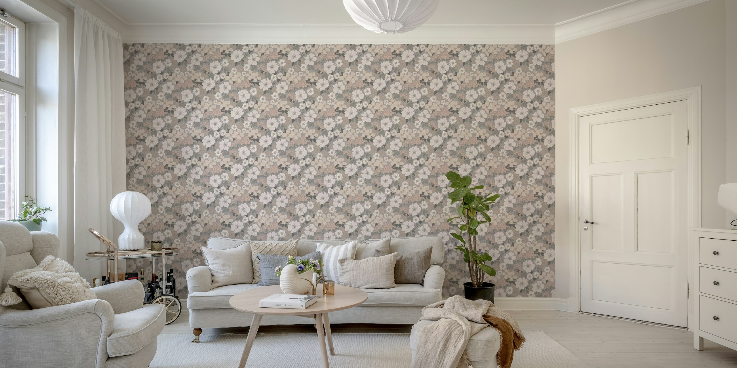 Retro florals - taupe papel de parede