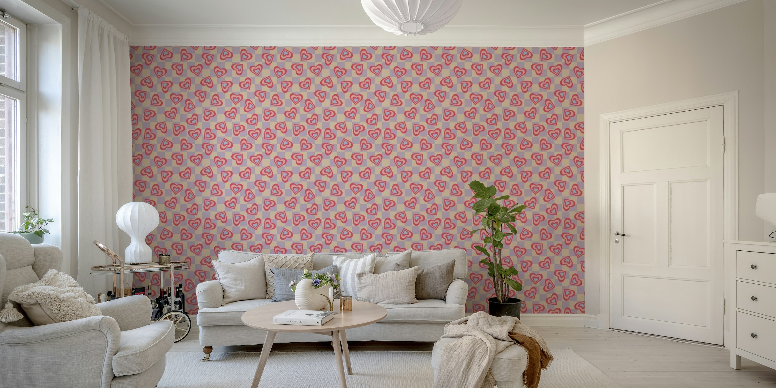 Red, pink, and lavender hearts on a checkerboard pattern wall mural