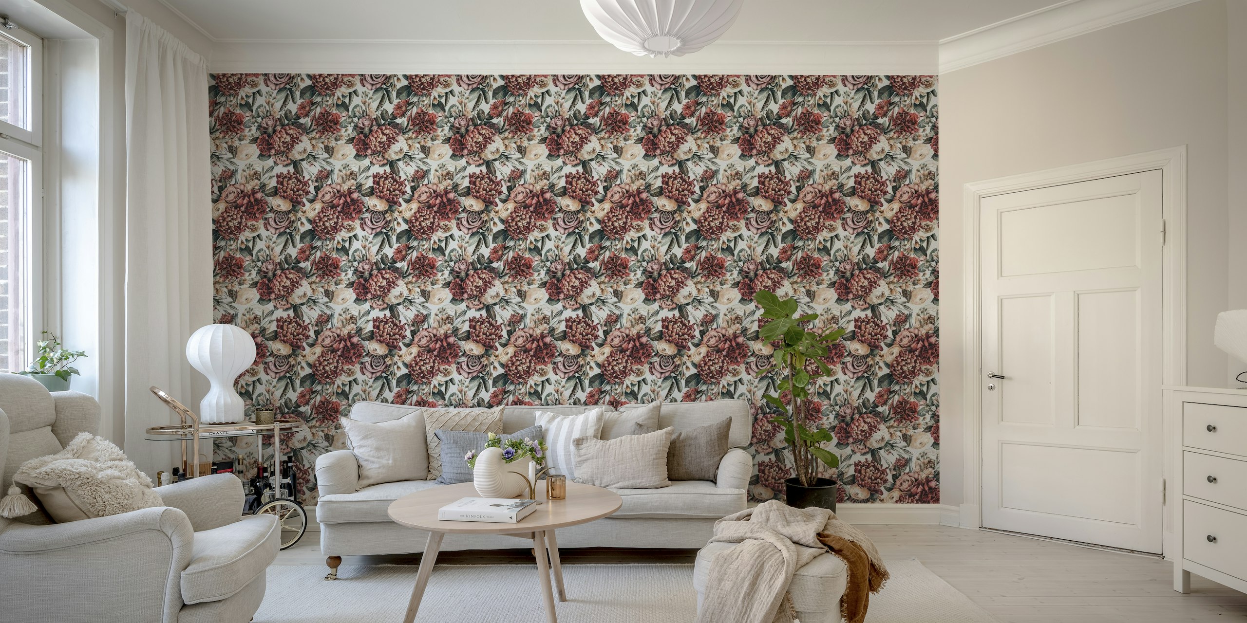 Vintage-style floral wall mural with blush pinks and deep reds