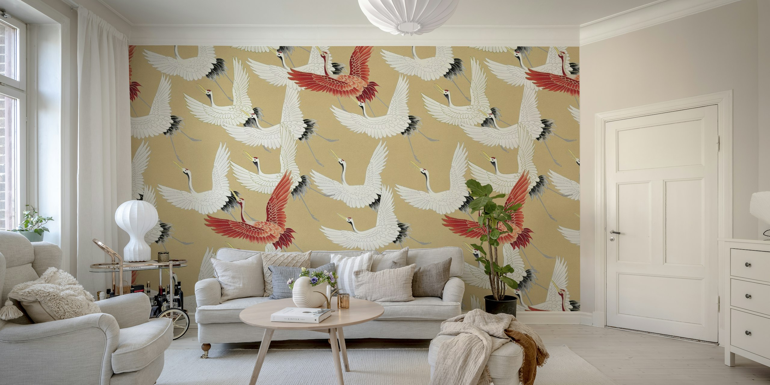 Japanese Cranes 5 seinämaalaus, jossa lentävät linnut beigellä taustalla