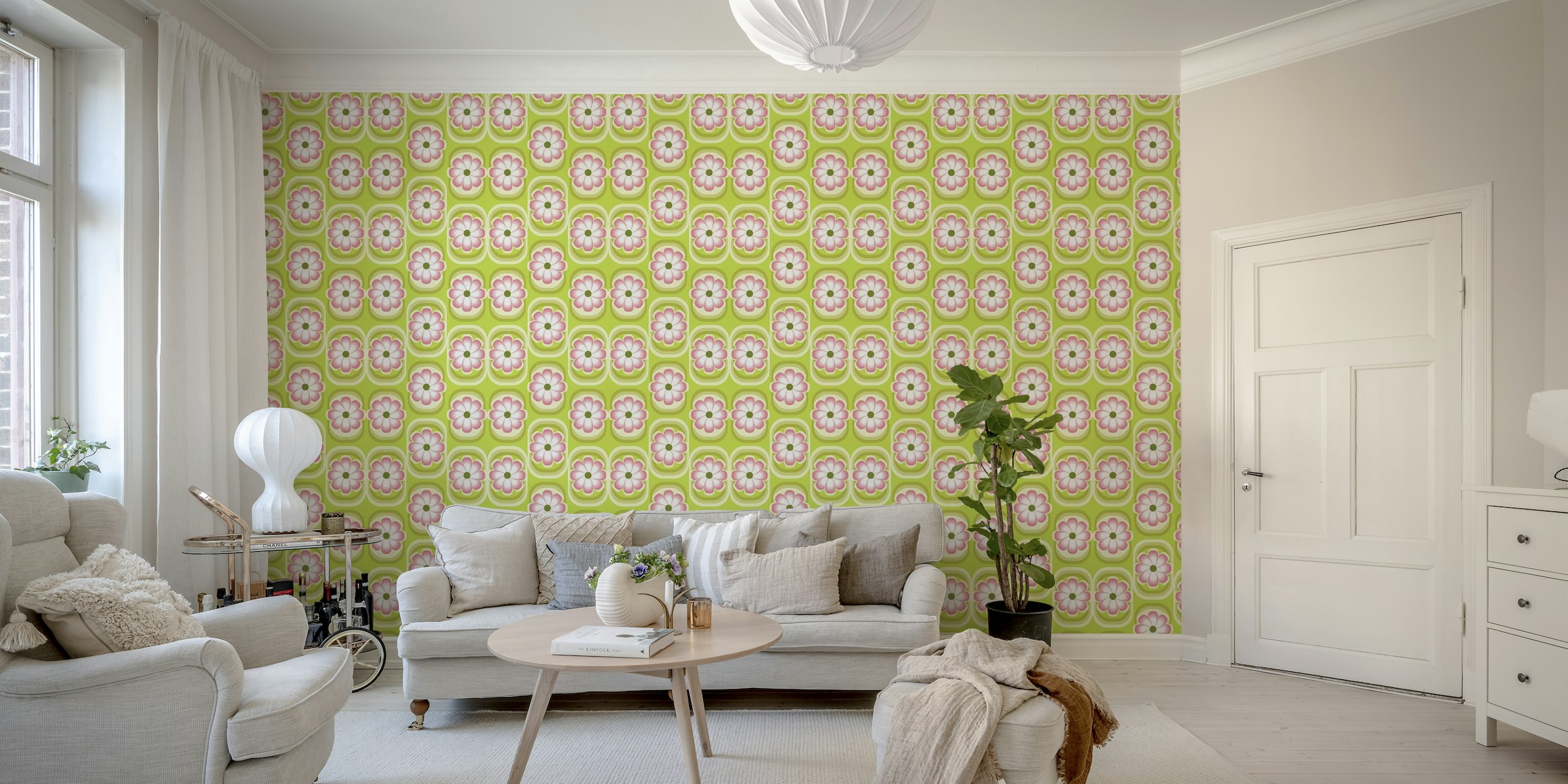 Retro Groovy flowers in lime green and pink tapet