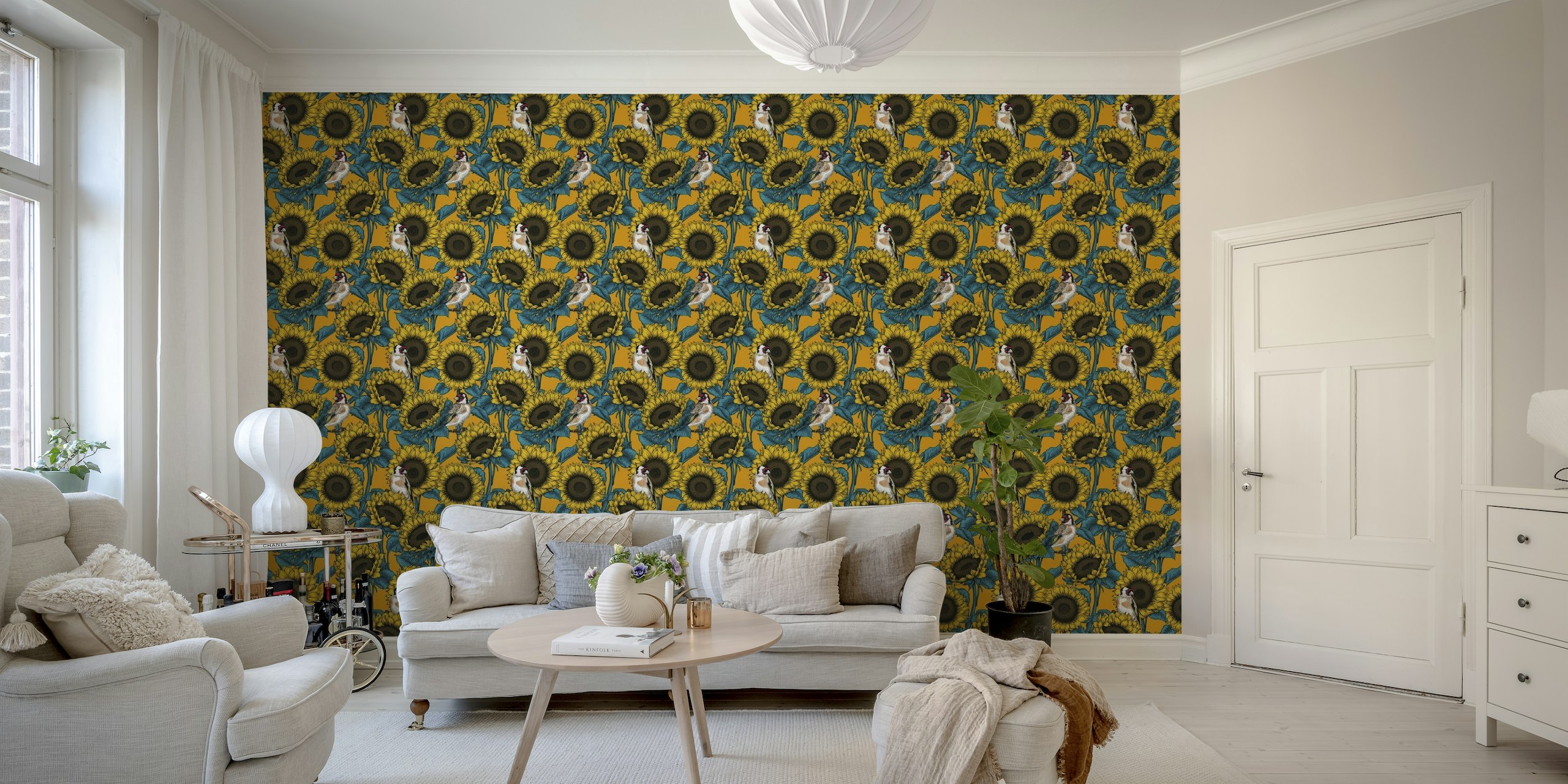Sunflowers and goldfinches, yellow and blue wallpaper