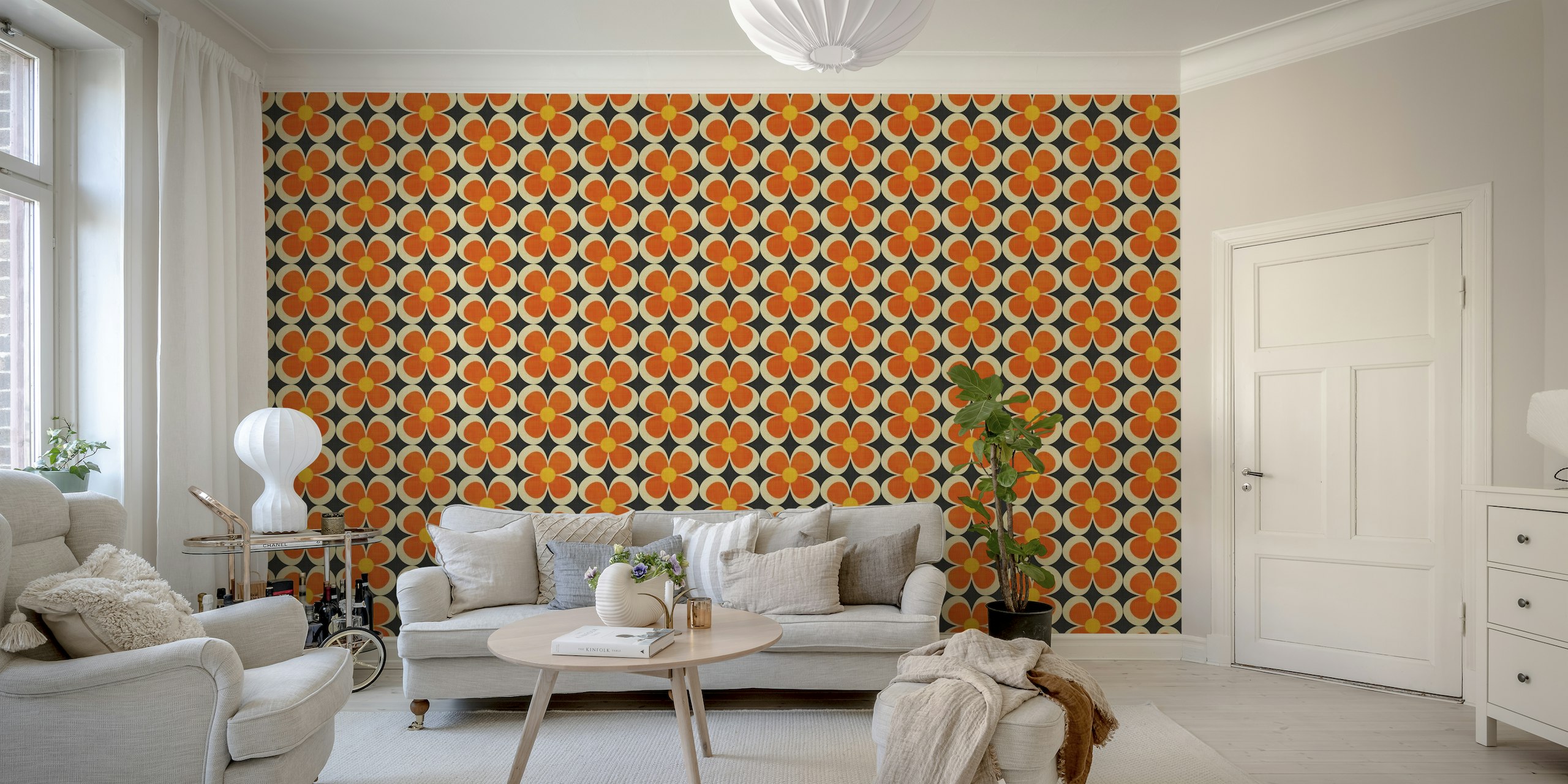 Retro-inspireret groovy geometrisk blomstret vægmaleri i orange og brune toner