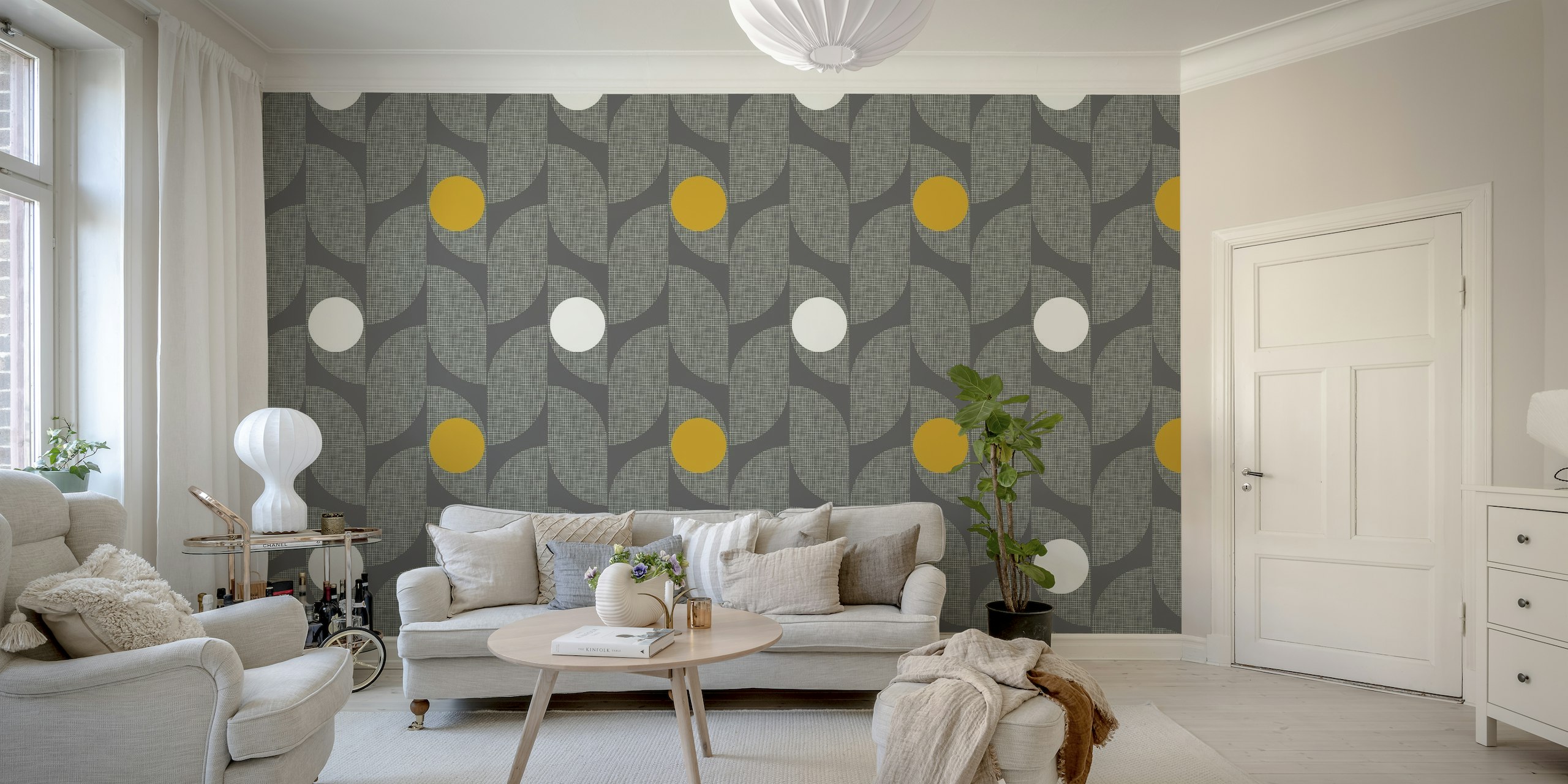 Mid century modern leafs - moody grey (L) wallpaper