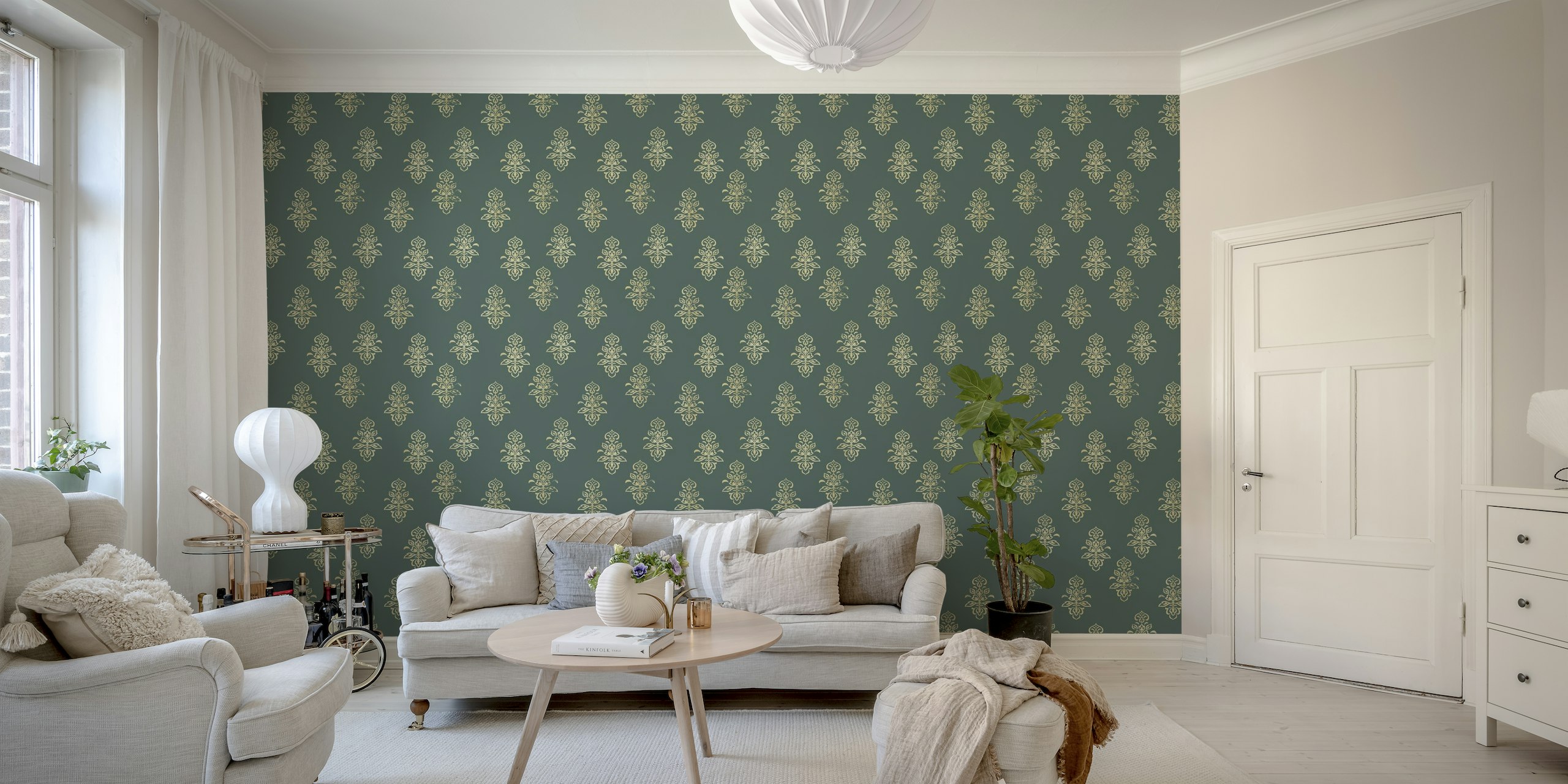 Elegant bohemian pattern wall mural with gold accents on a deep green background