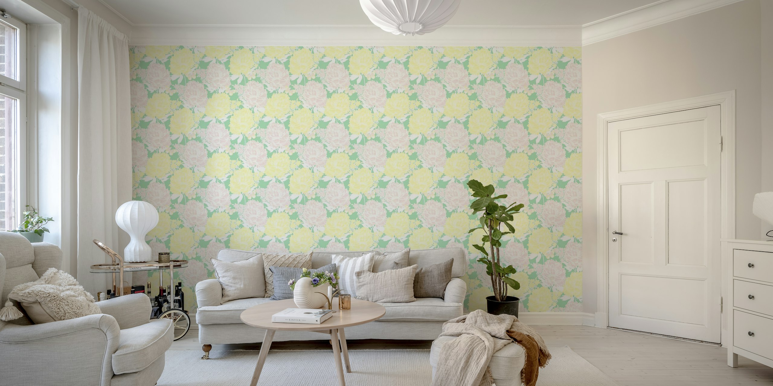 Lush pink and yellow flowers on green wallpaper