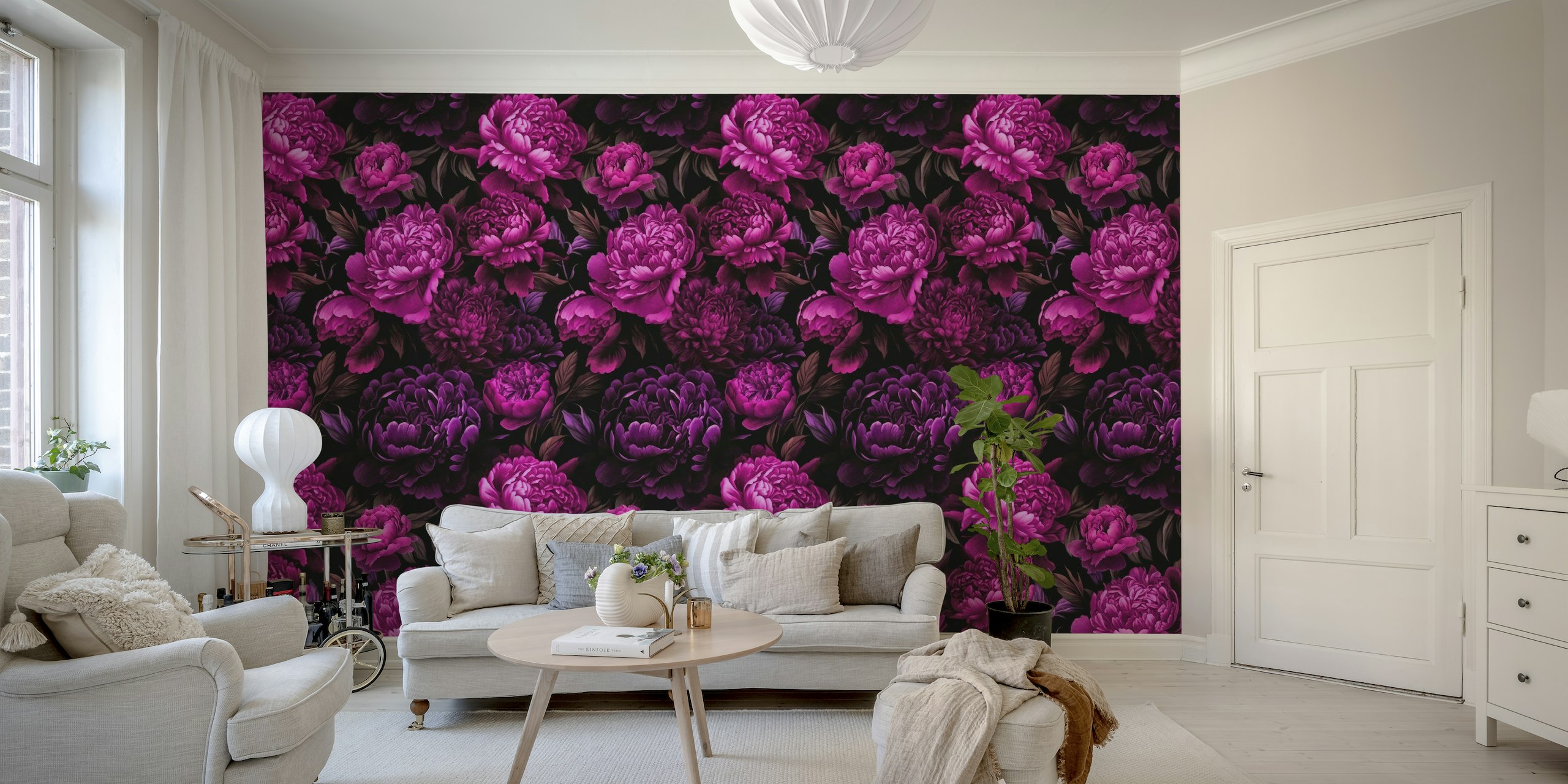 Moody Baroque Velveteen Flowers Pink Purple behang
