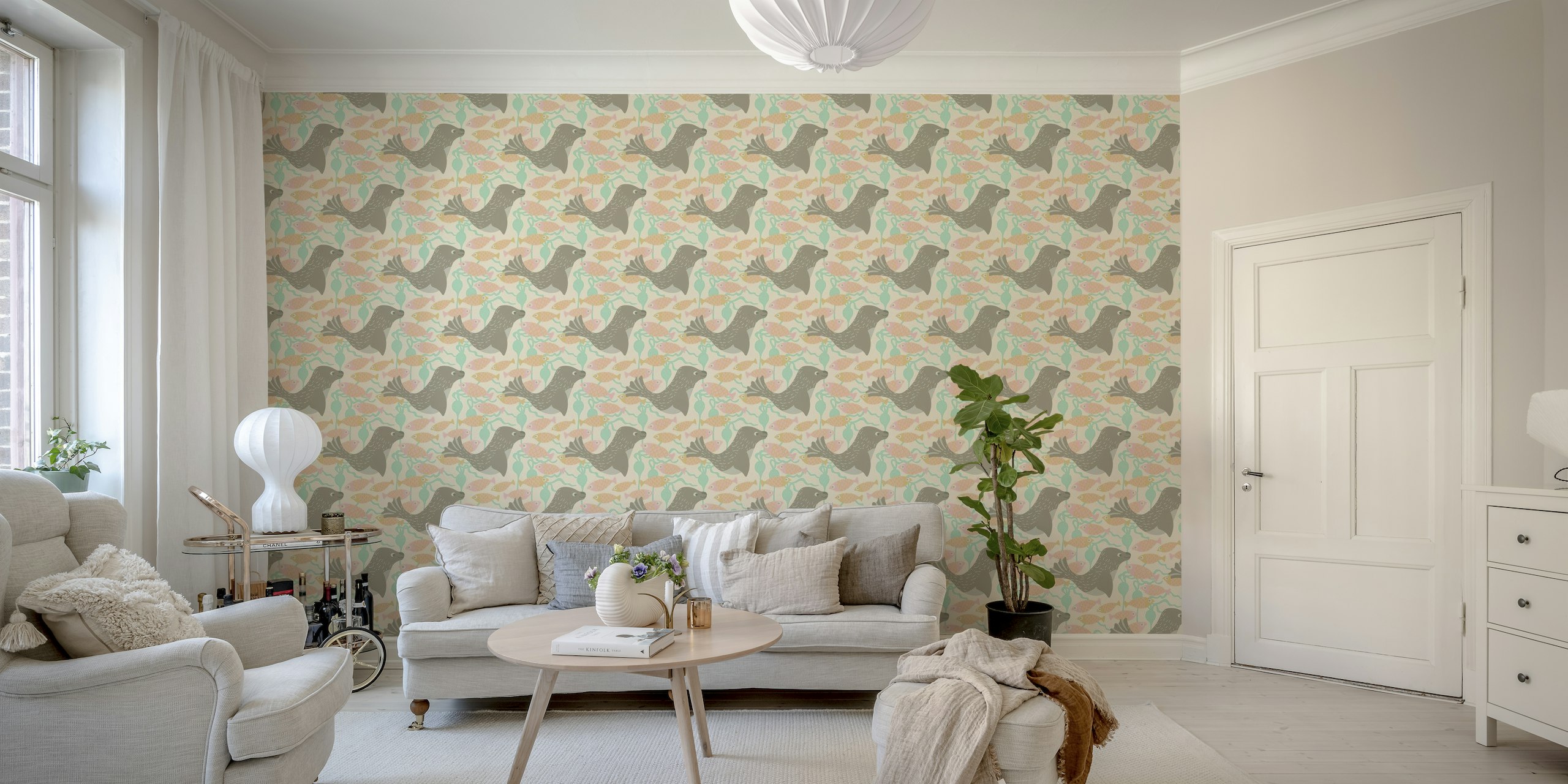 Illustrative wall mural with friendly seals, fishes, and seaweed in pastel colors