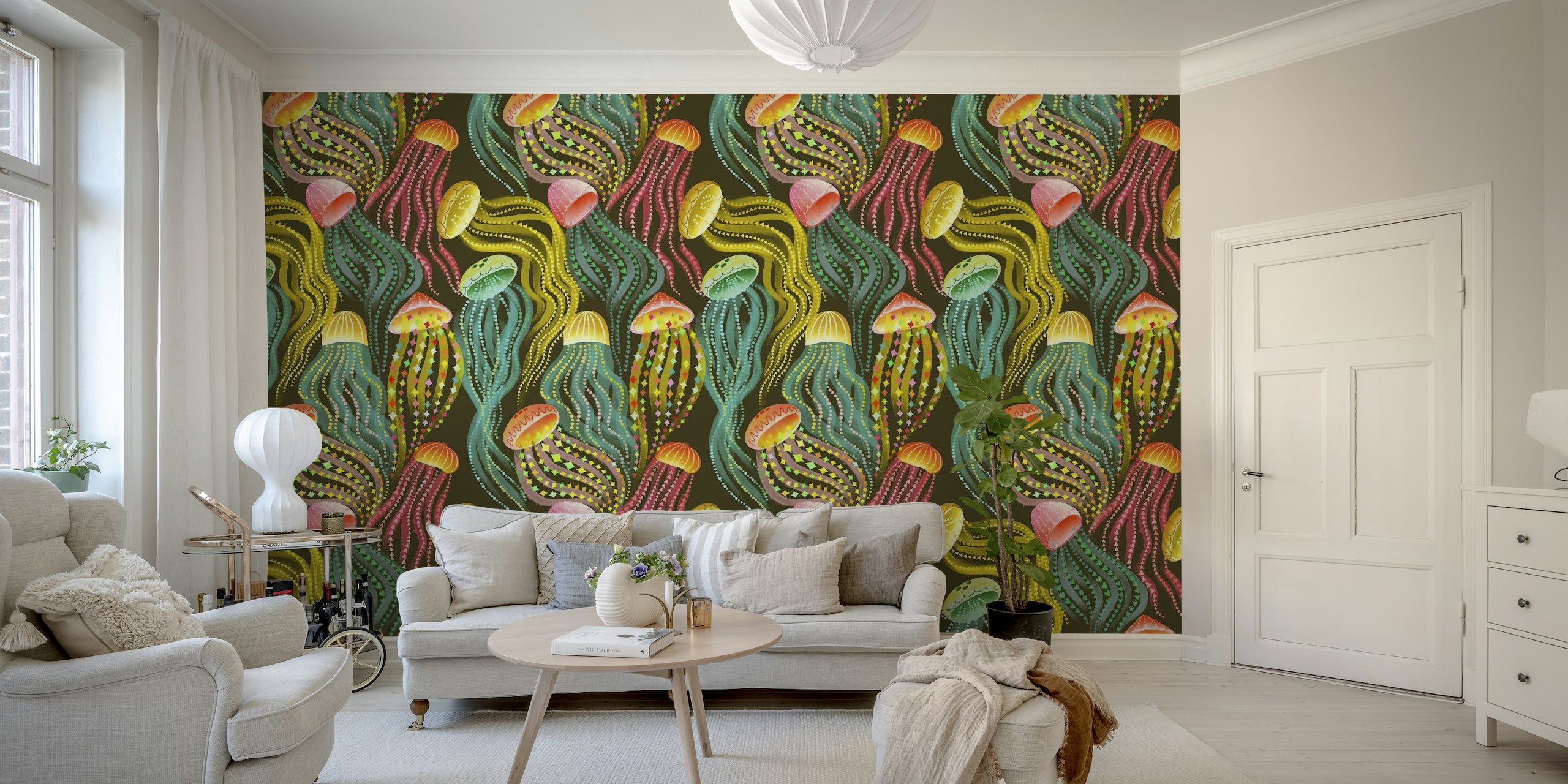 Colorful jellyfish mural with dynamic patterns on a dark background