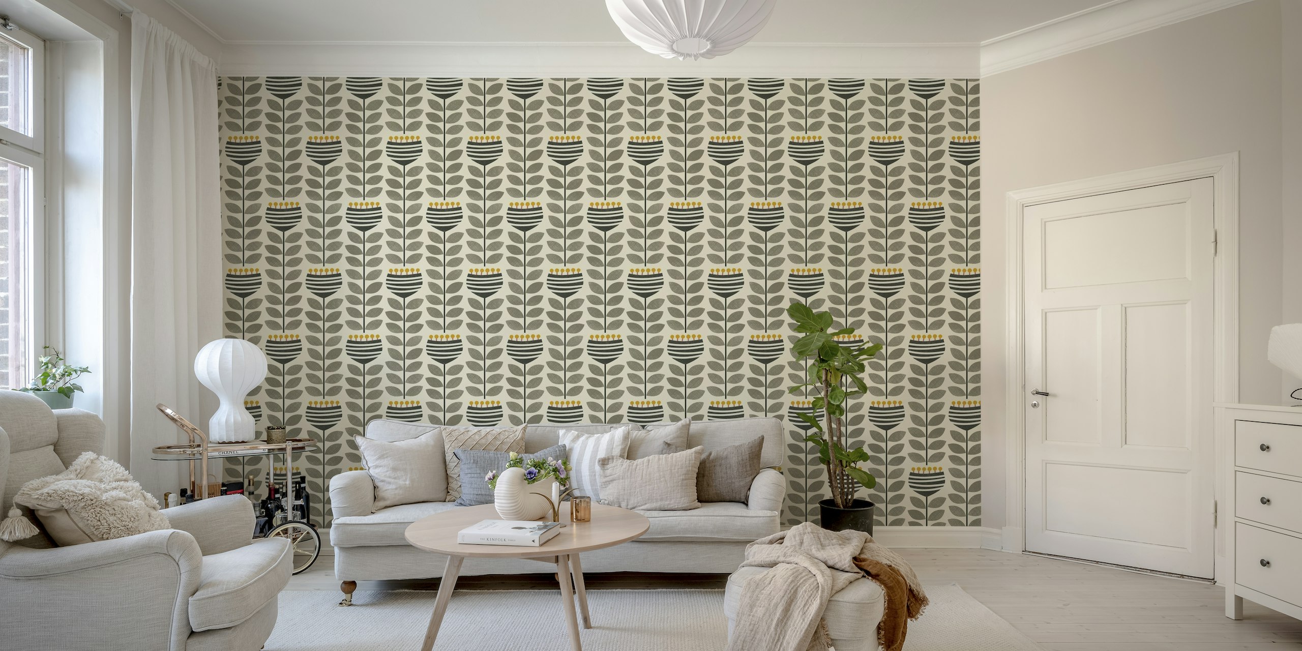 Retro vertical flowers - taupe leaves tapet