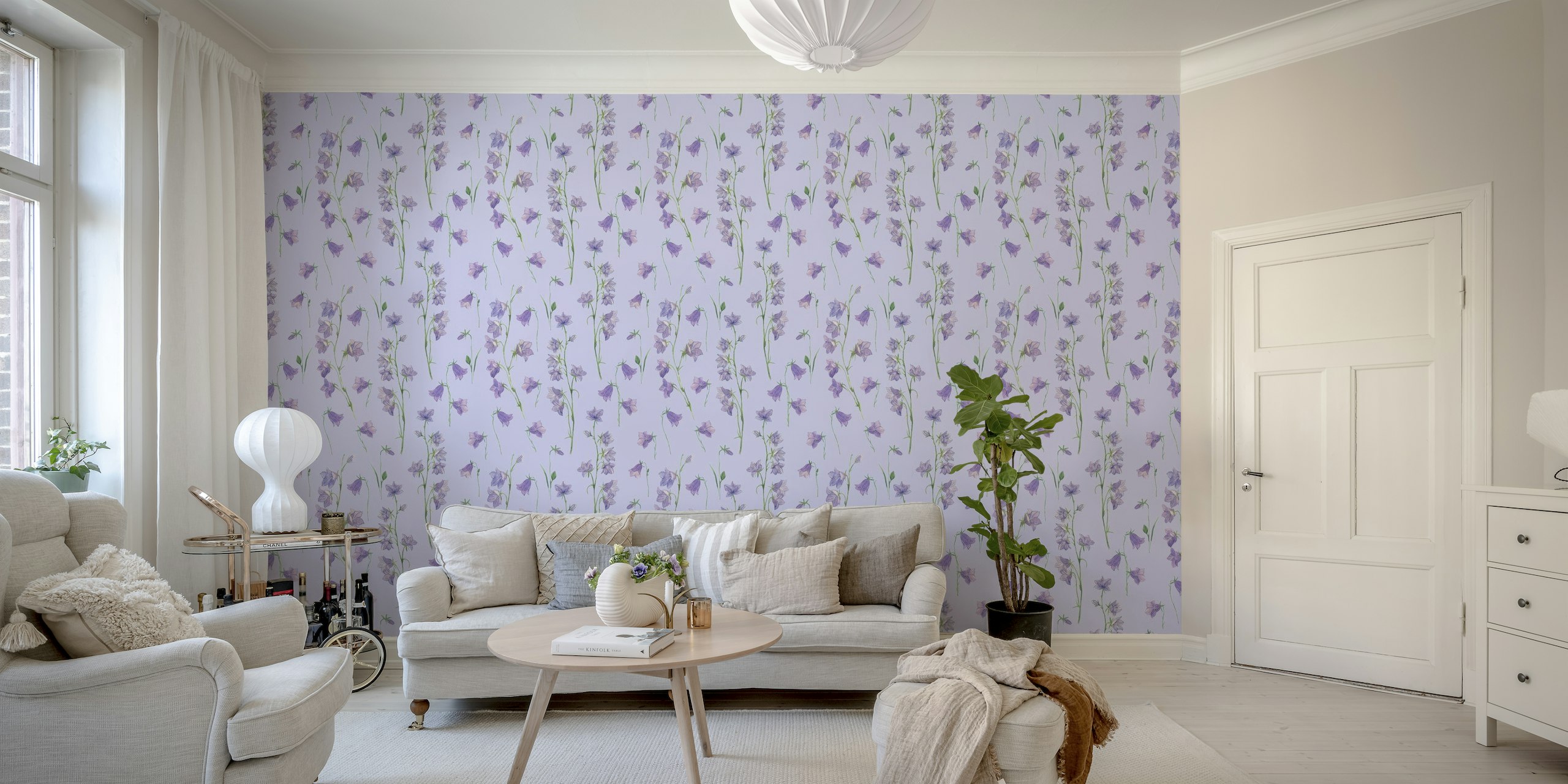 Bluebells on pale violet wallpaper