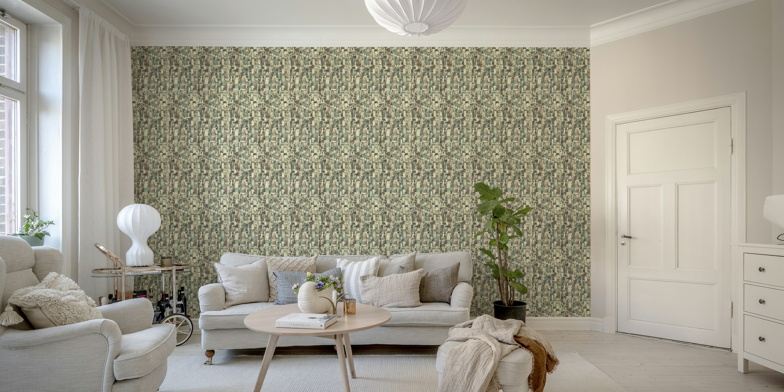 Abstract wall mural in beige with soft pastel textures and patterns.