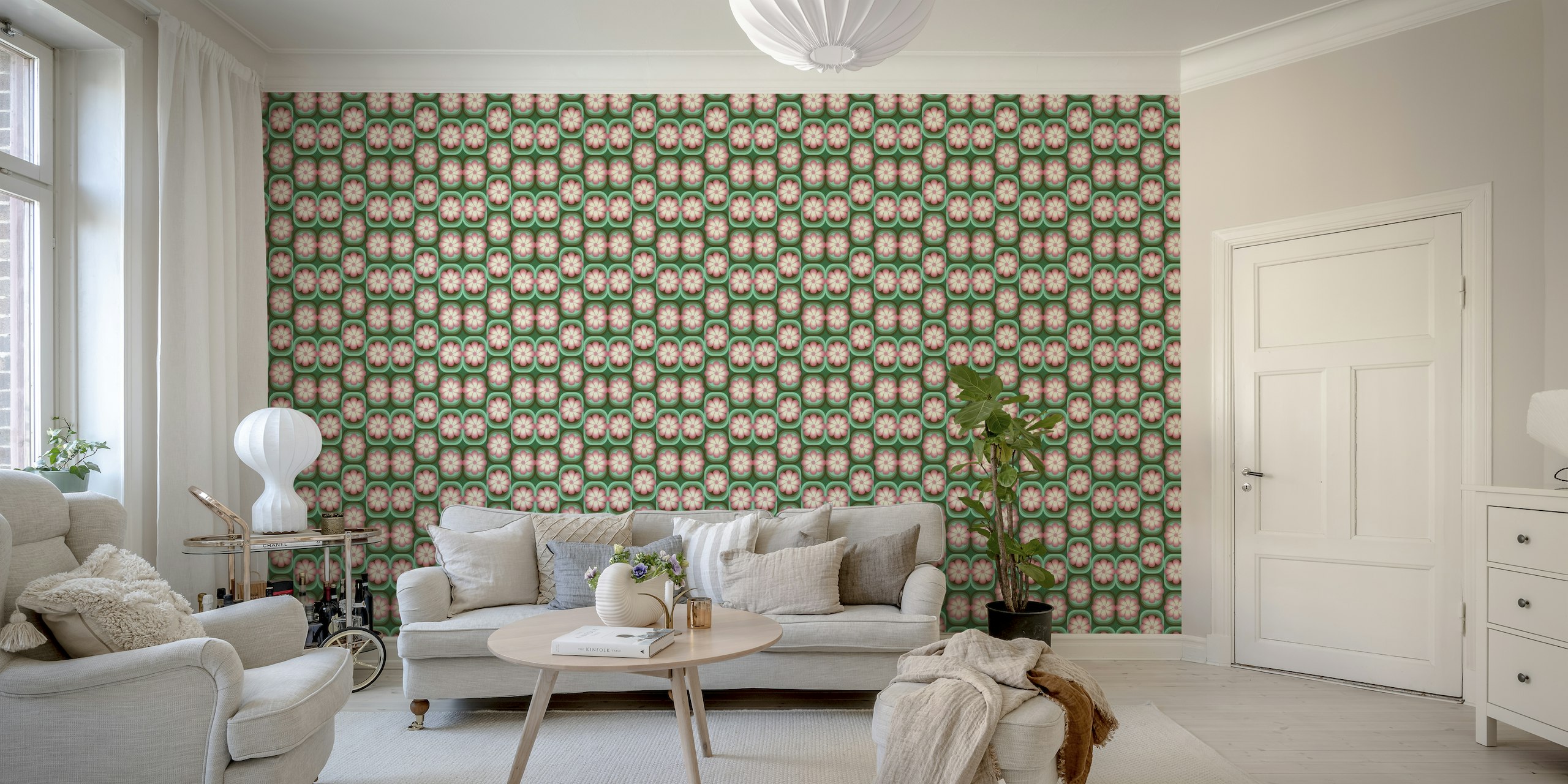 70s-inspired floral wall mural with pink, green, and brown design
