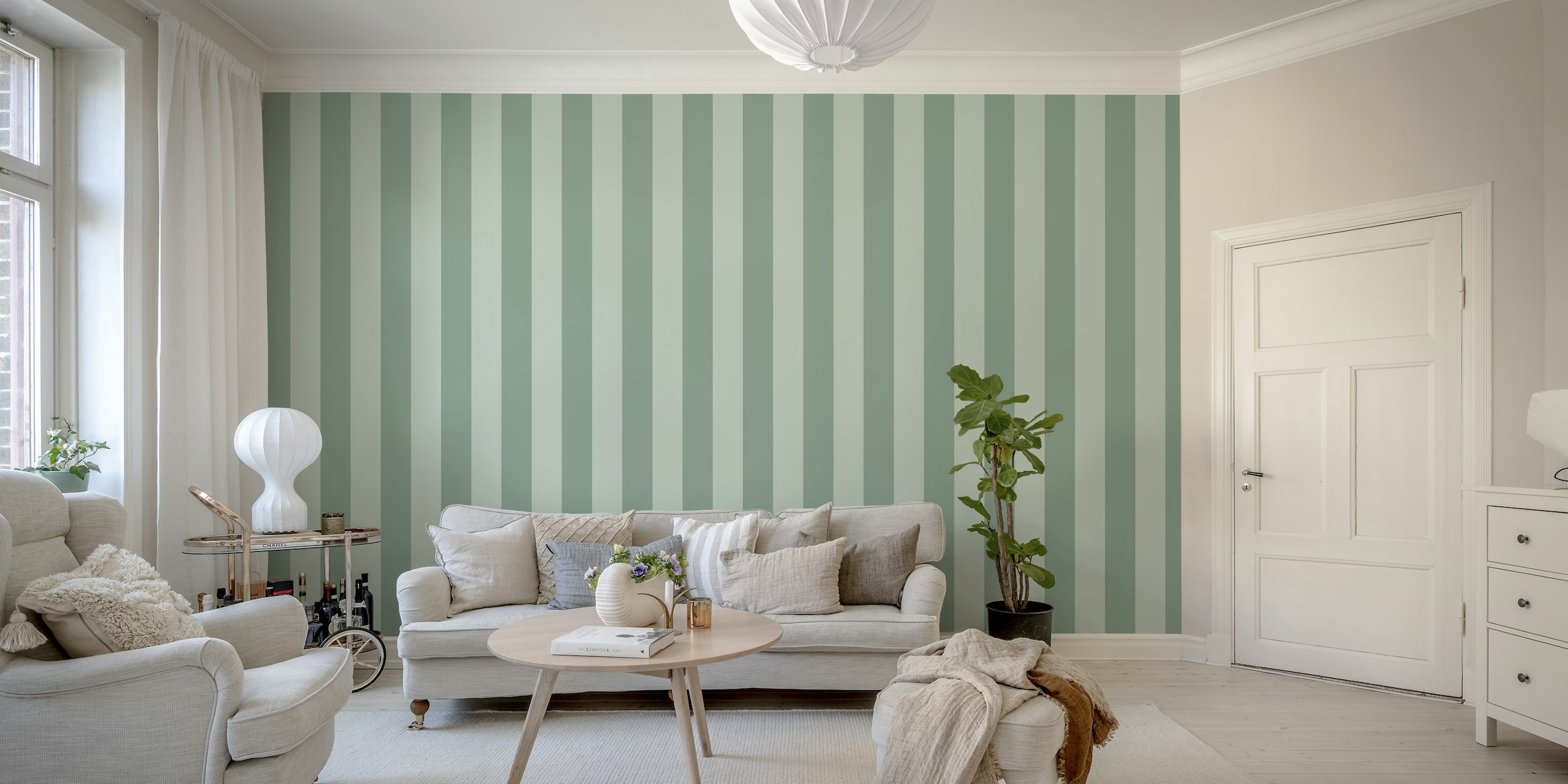 Monochrome sage Green Stripe papel de parede