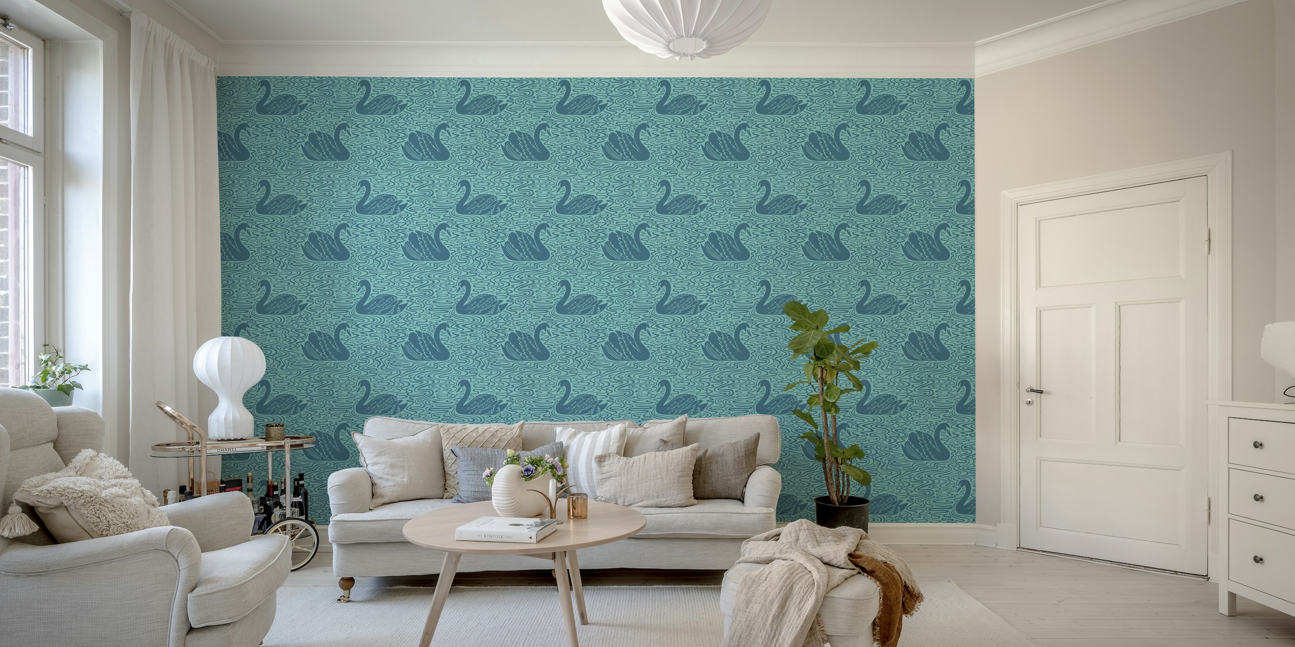 Swan Lake - teal on aqua turquoise blue papel de parede