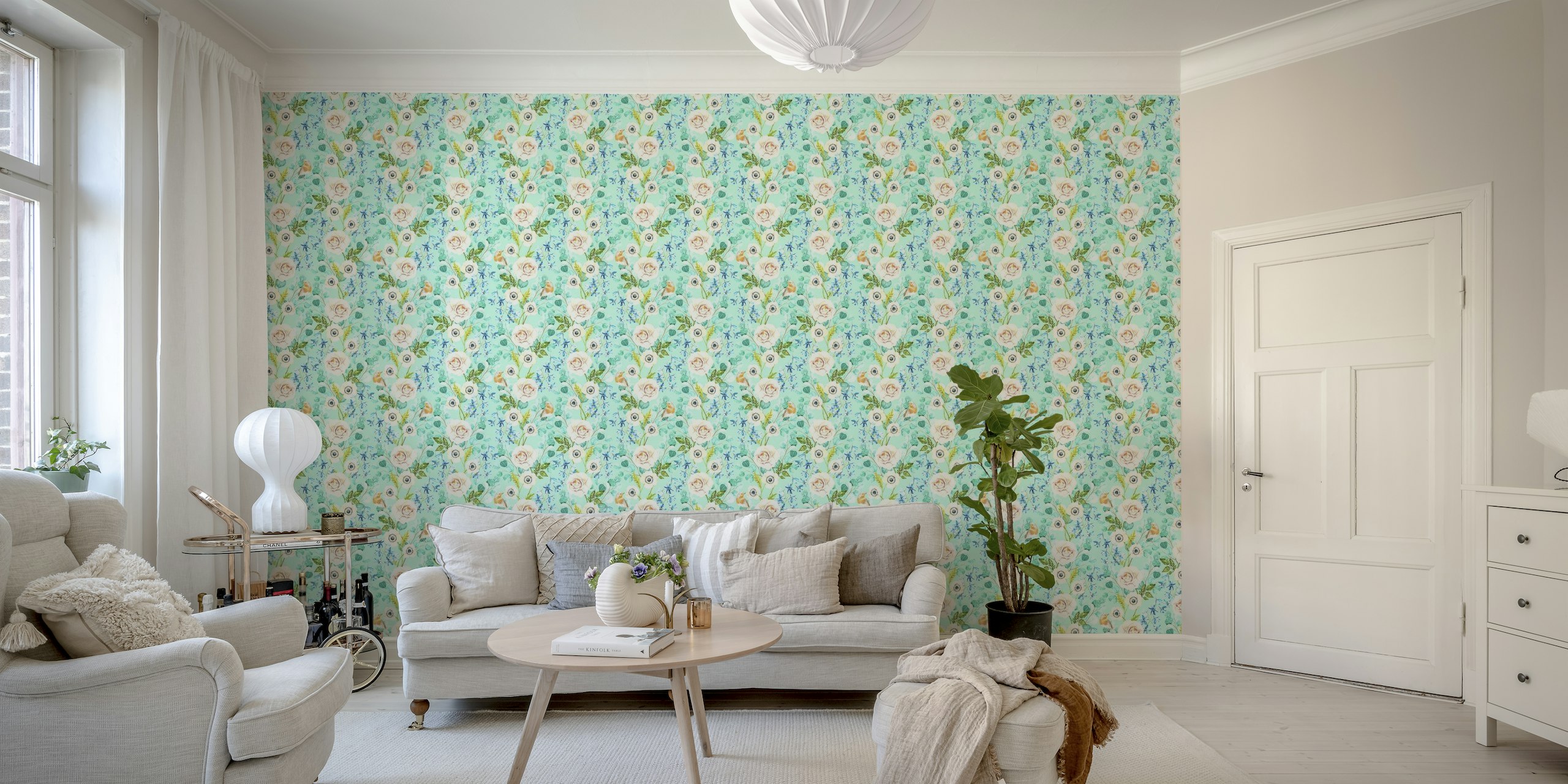 Handpainted flowers and birds on mint green wallpaper