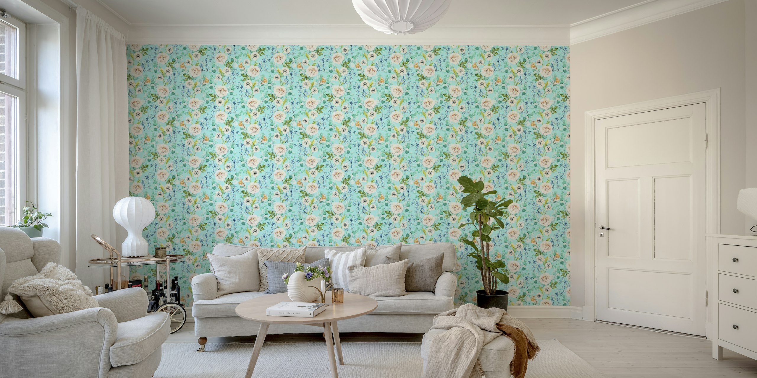 Handpainted flowers and birds on light blue tapete