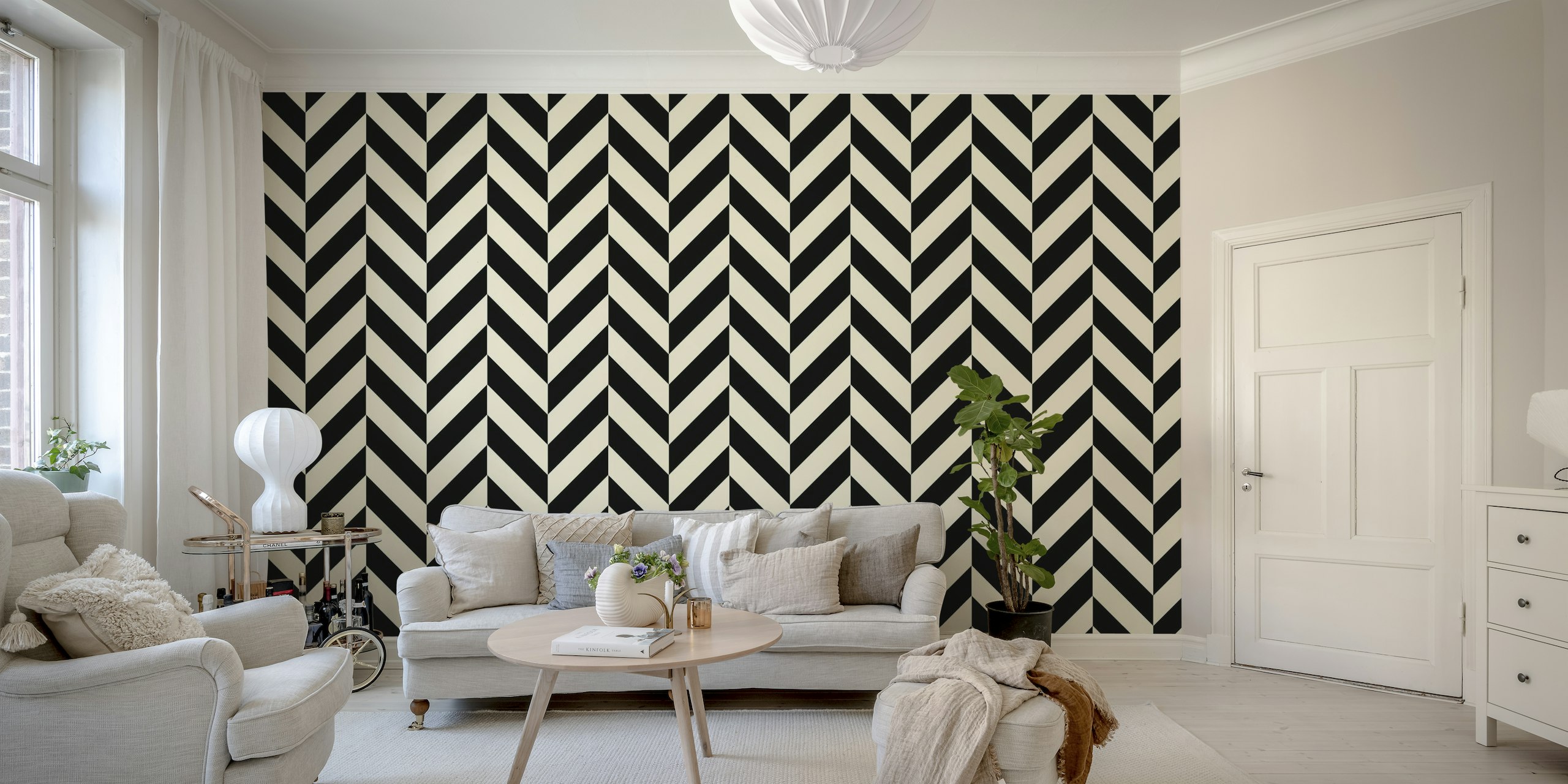 Bold Black and Cream White Diagonal Stripes papel de parede