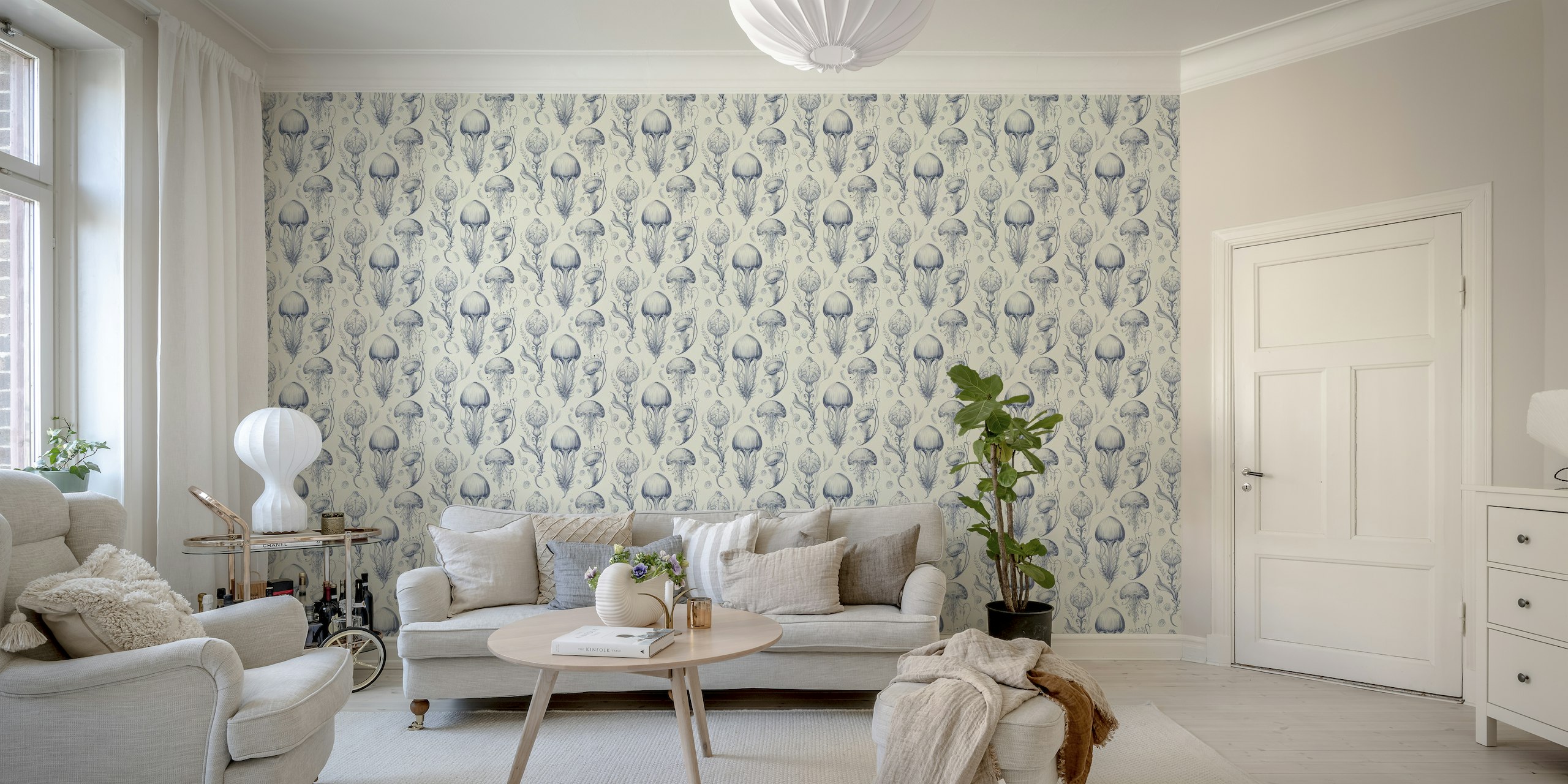 Fantastic Jellyfish - Delft Blue & Cream papel de parede
