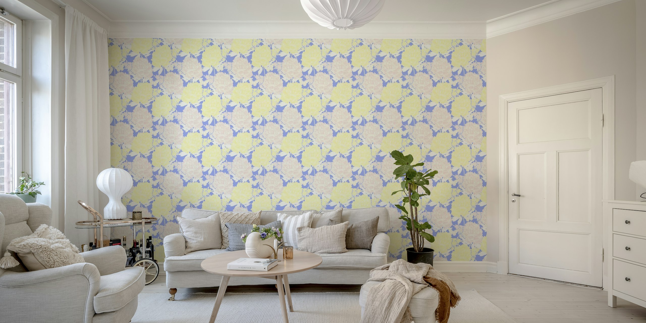 Lush yellow and rose flowers on lilac wallpaper