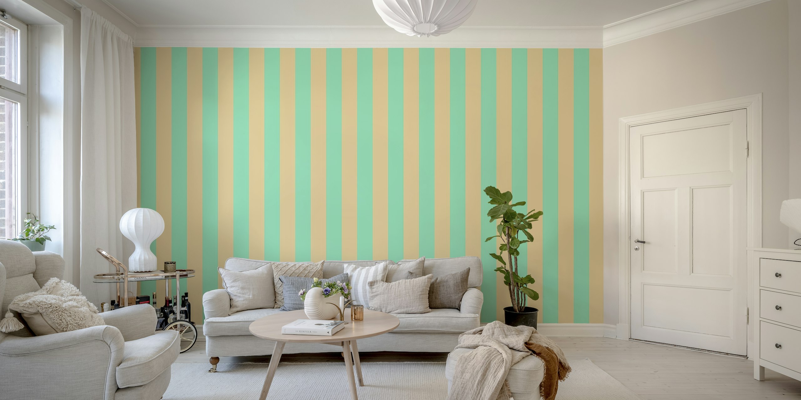 Bold vertical stripes pearl aqua wheat wallpaper