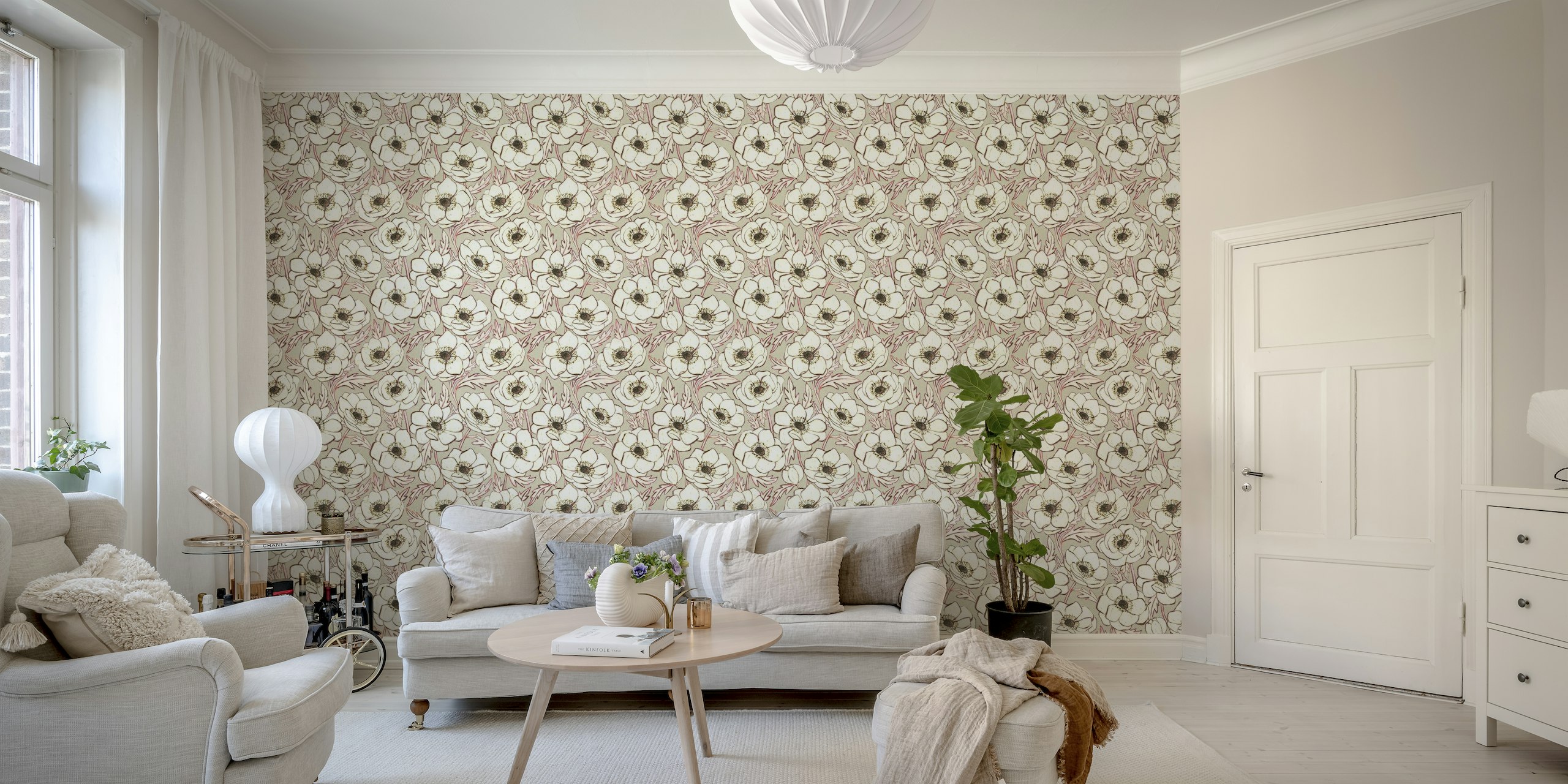 Chalk Anemones in Soft Neutrals and Pink wallpaper