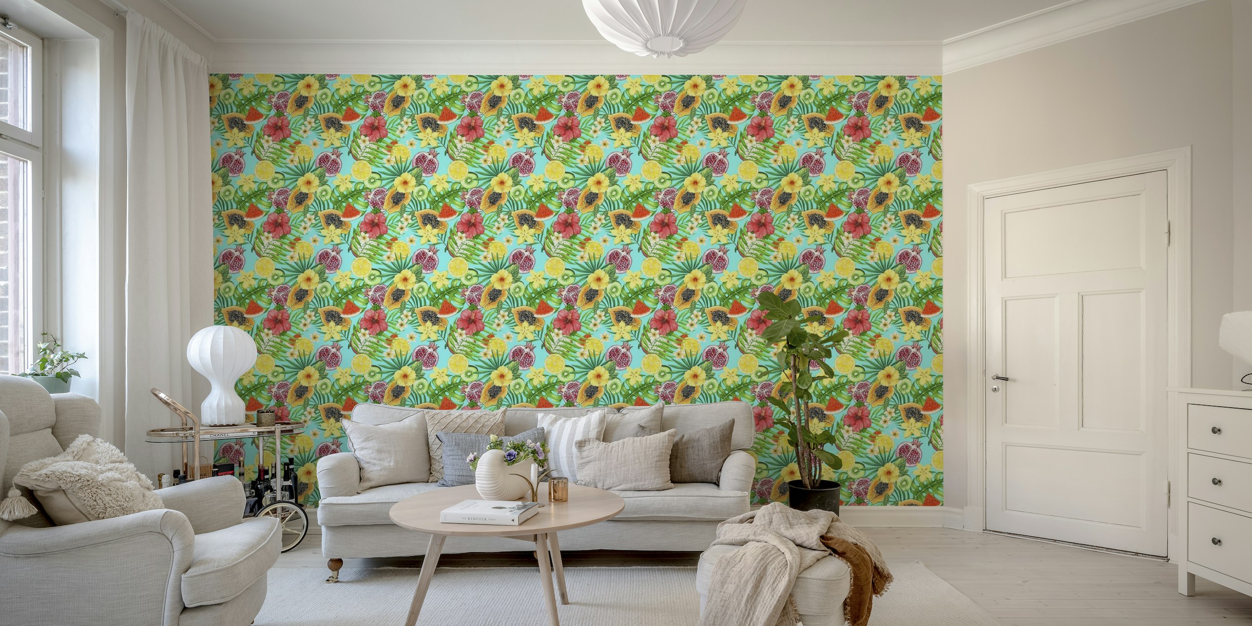 Tropical mix-fruit, flowers and leaves on blue wallpaper