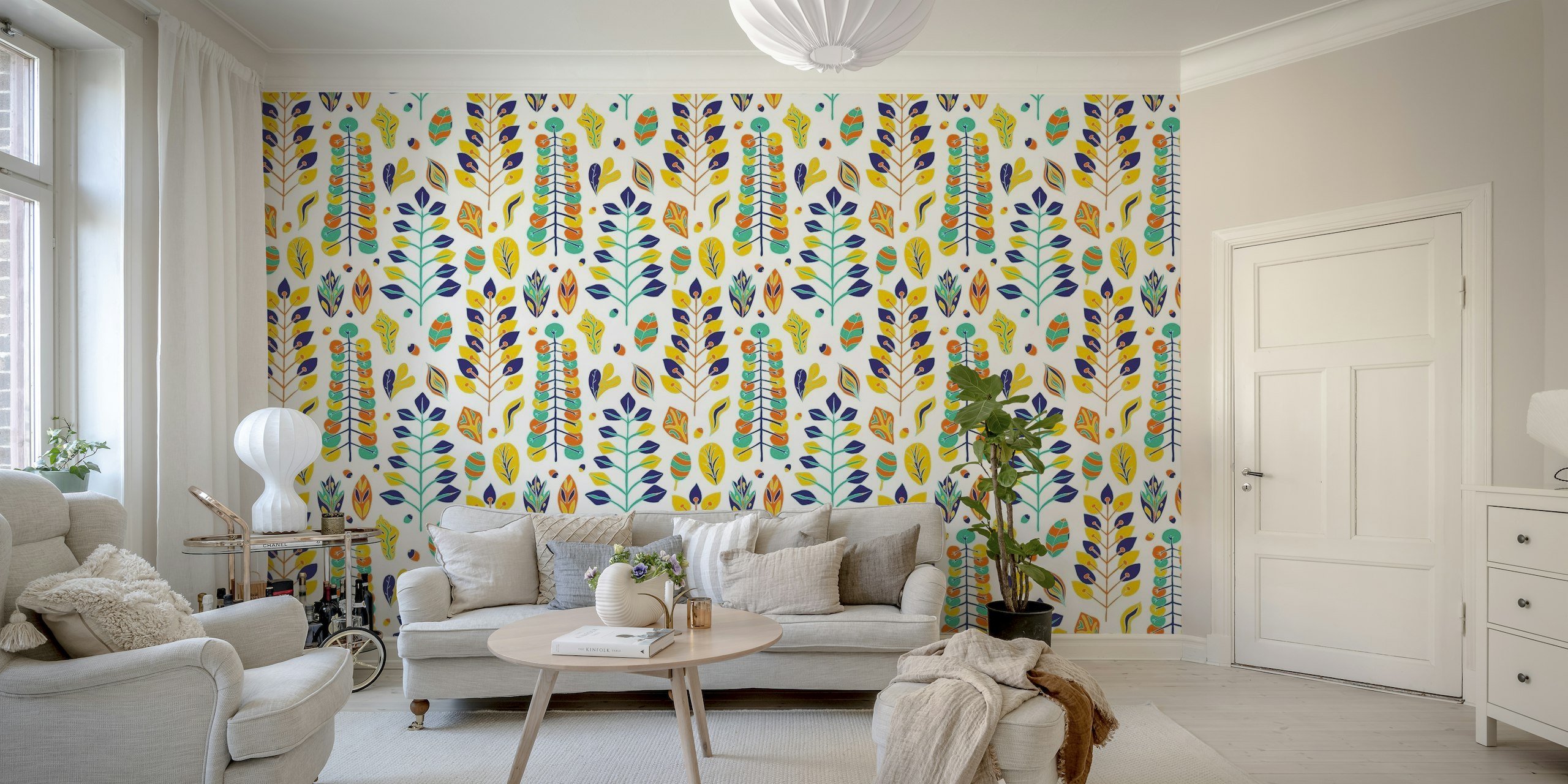Scandinavian-style wall mural with summer foliage and berries in vibrant colors